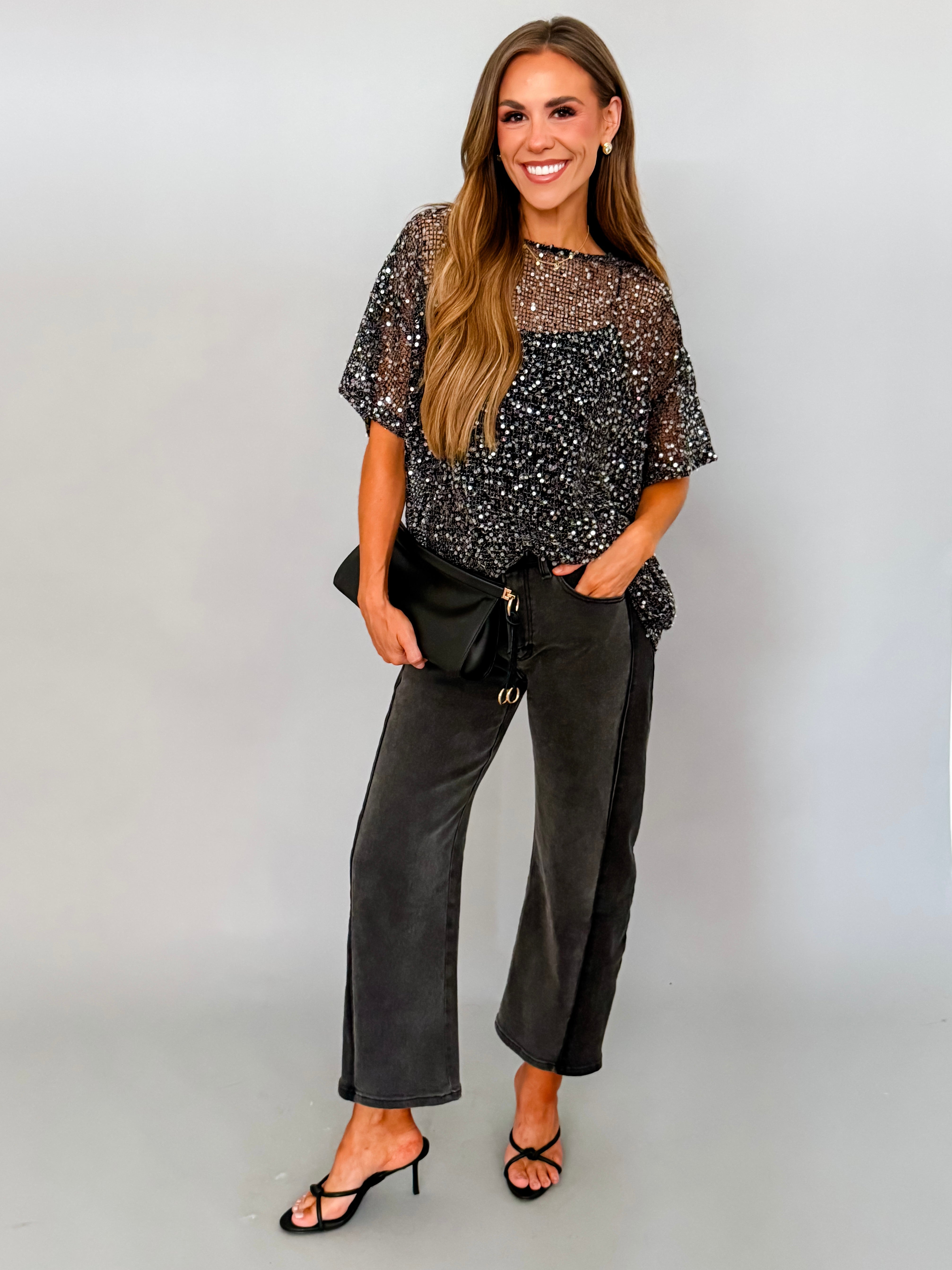 Rena Sequin Mesh Top-Black