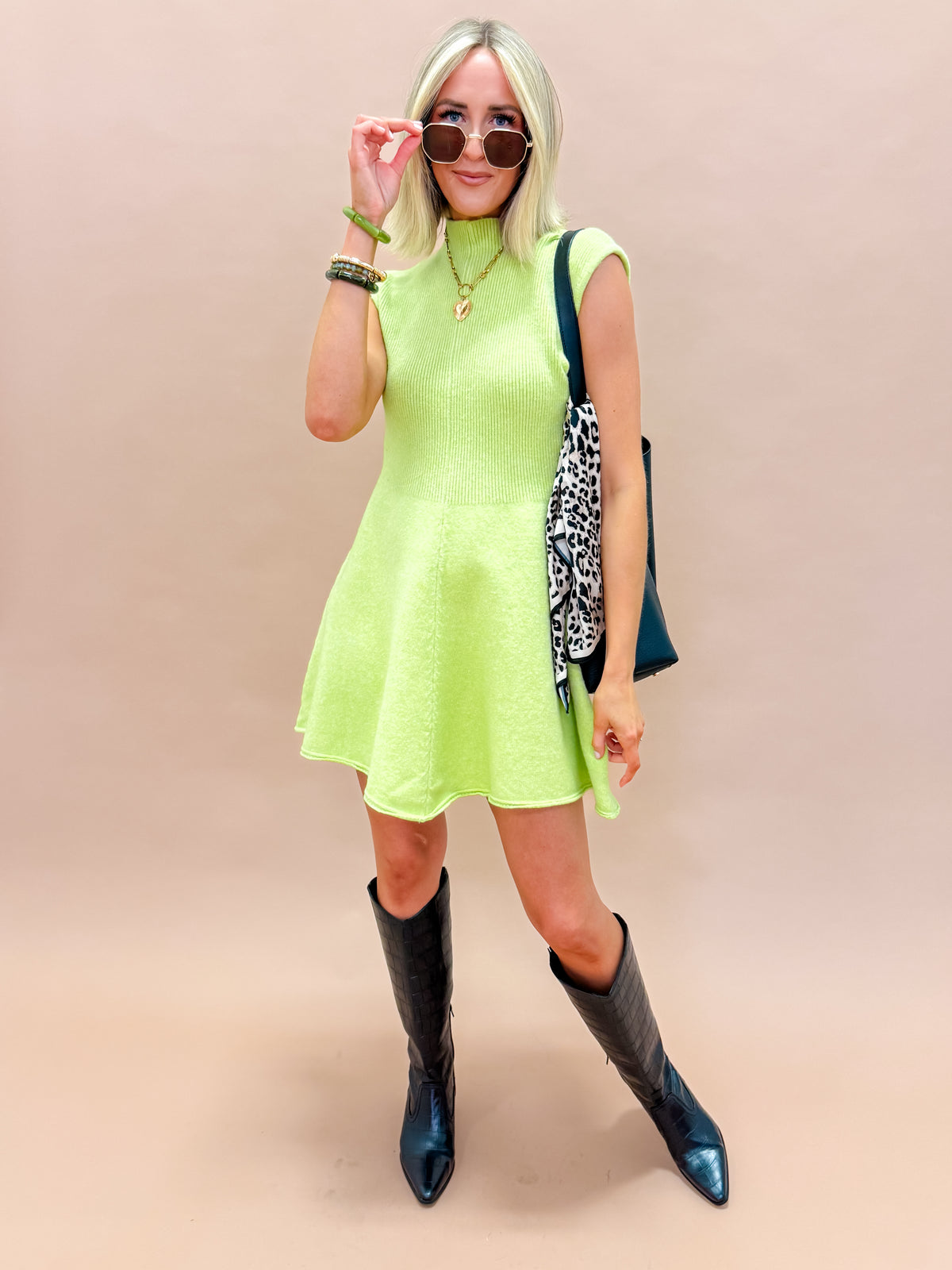 Renley Sleeveless Knit Mini Dress-Lime