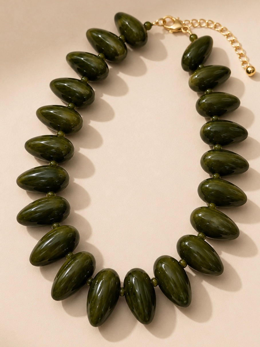 Roan Oval Beaded Statement Necklace-Olive