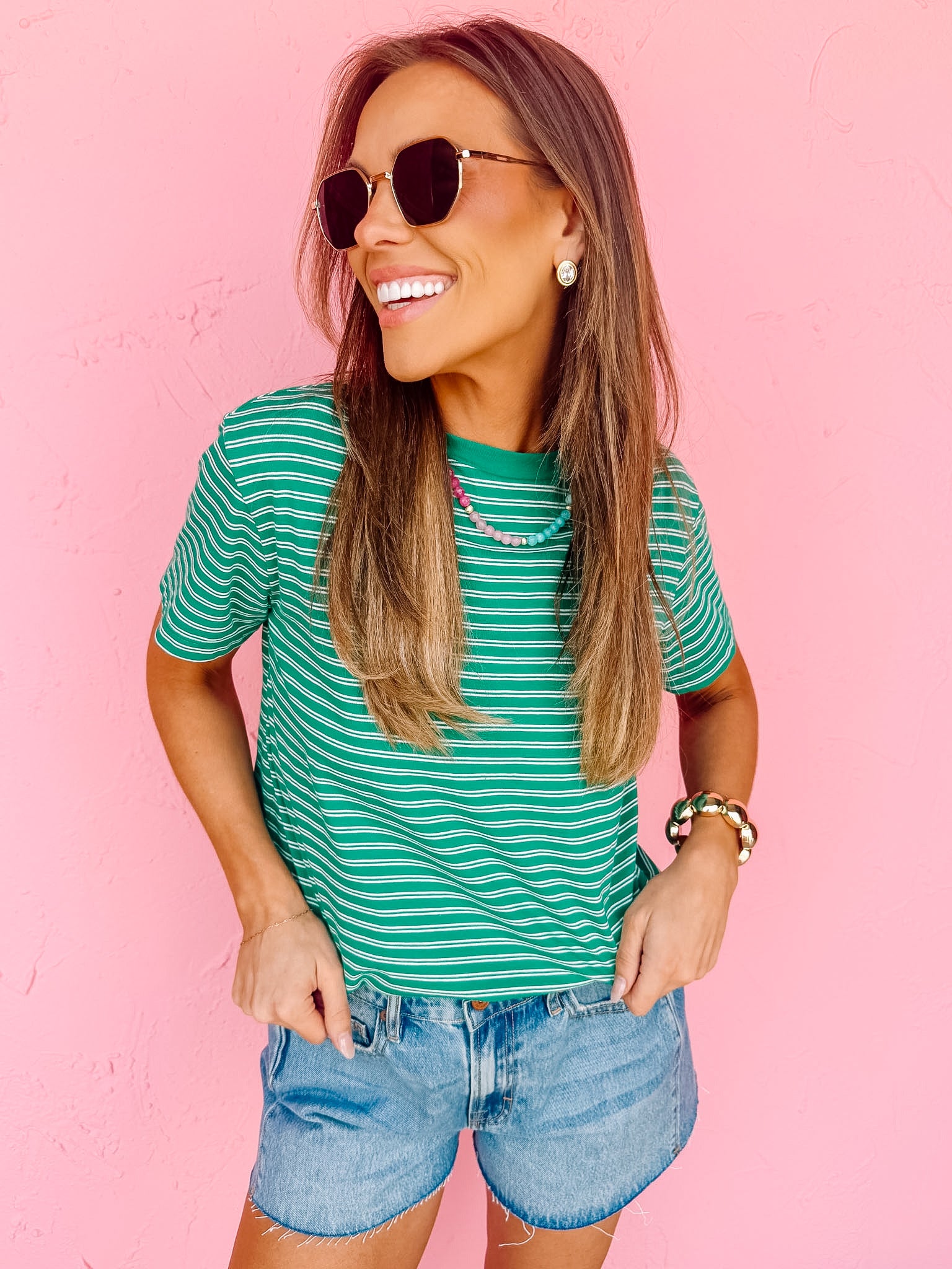 Roe Striped Short Sleeve Top-Green