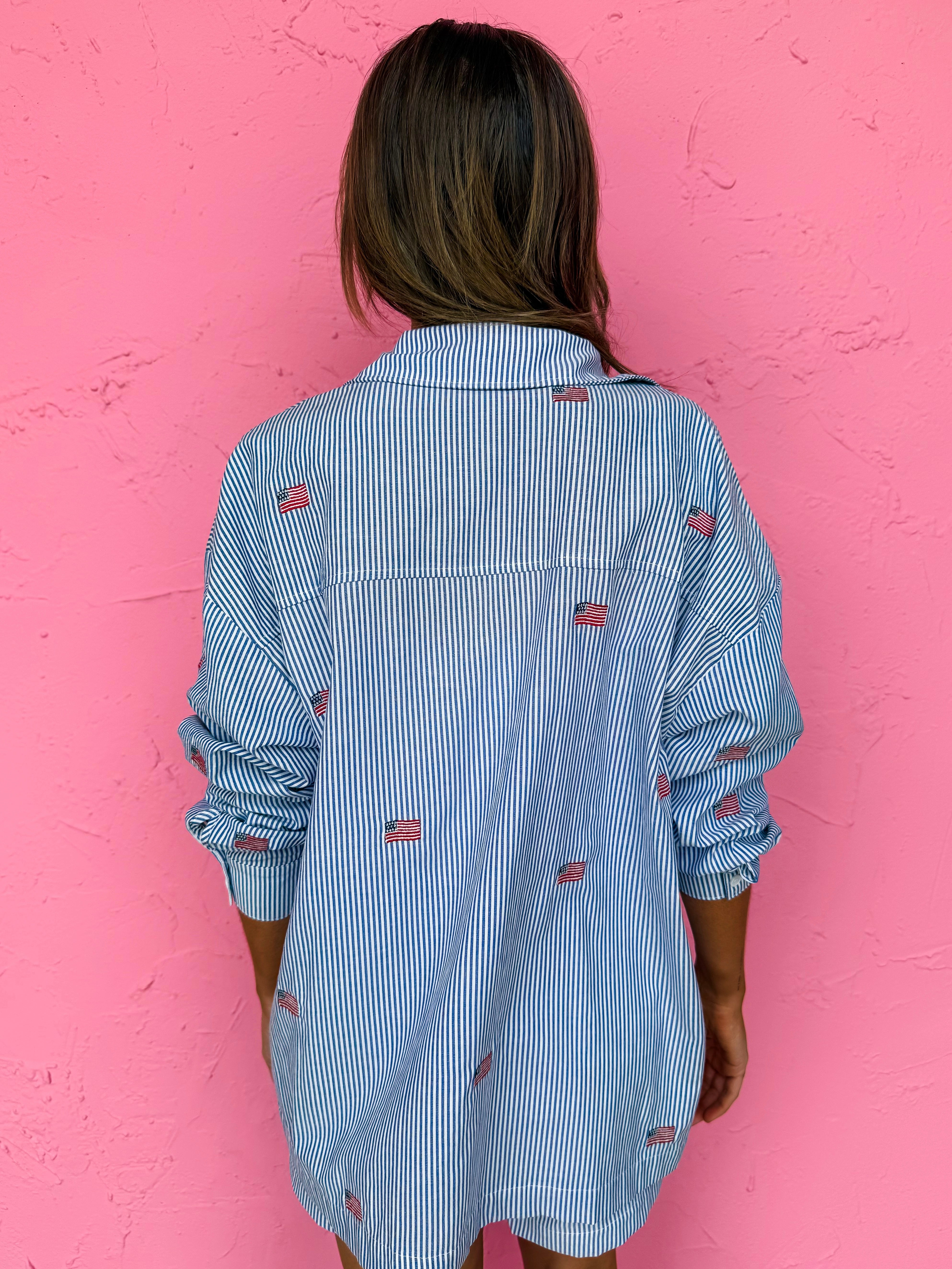 Rosemary Striped Flag Button Down Top-Navy
