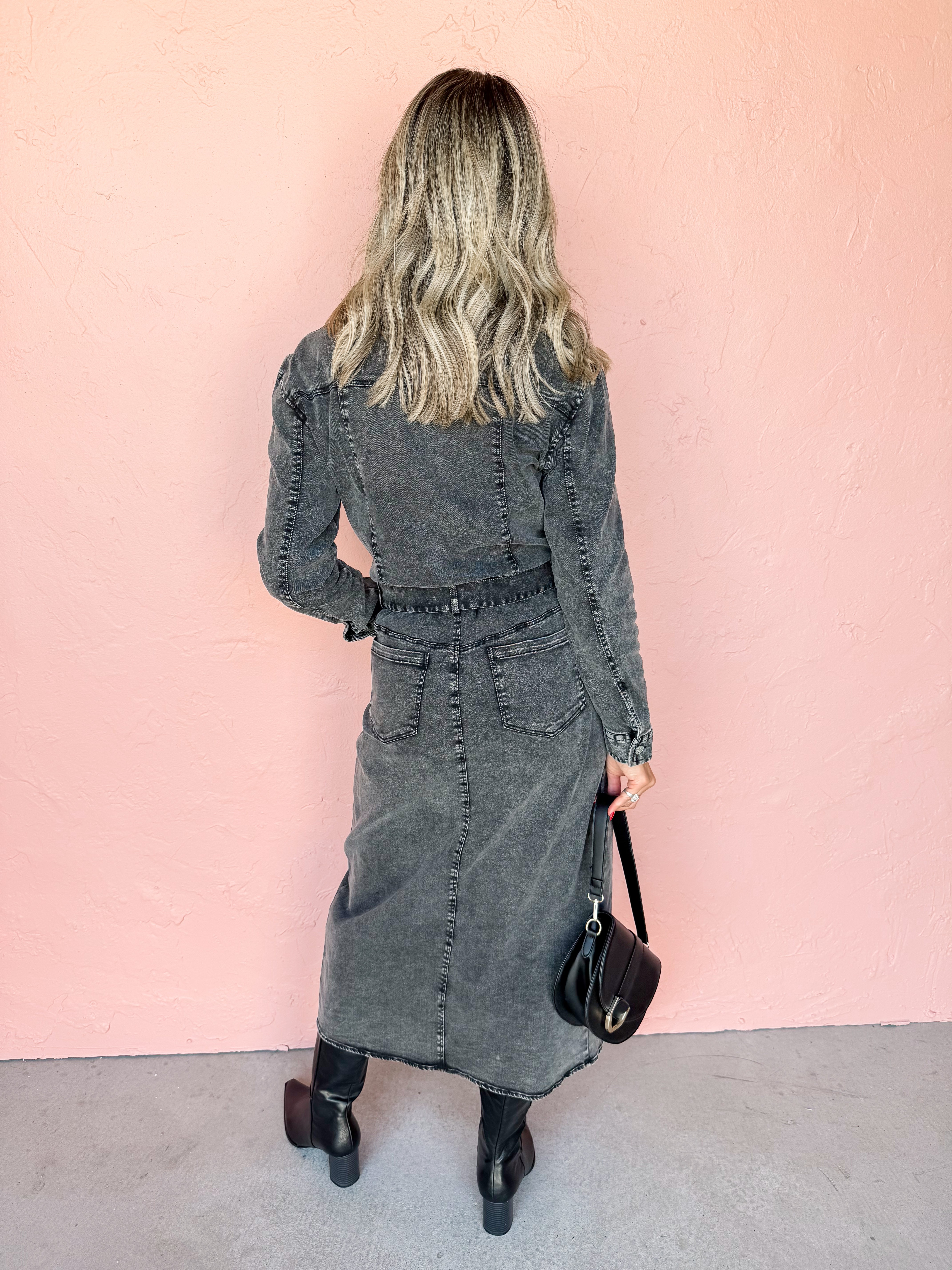 Rustic Allure Midi Shirt Dress-Black