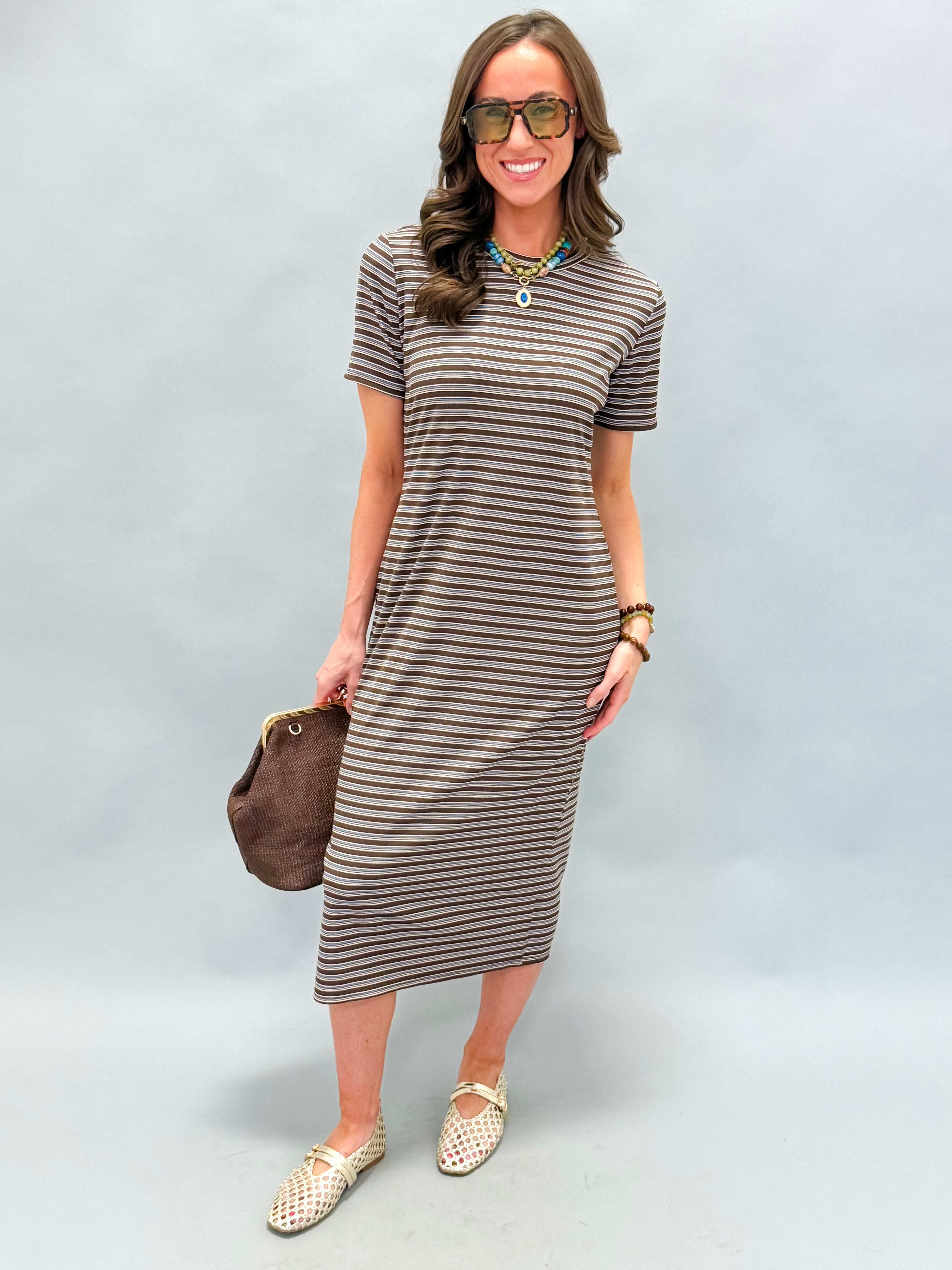 Ryland Striped Midi Dress-Brown