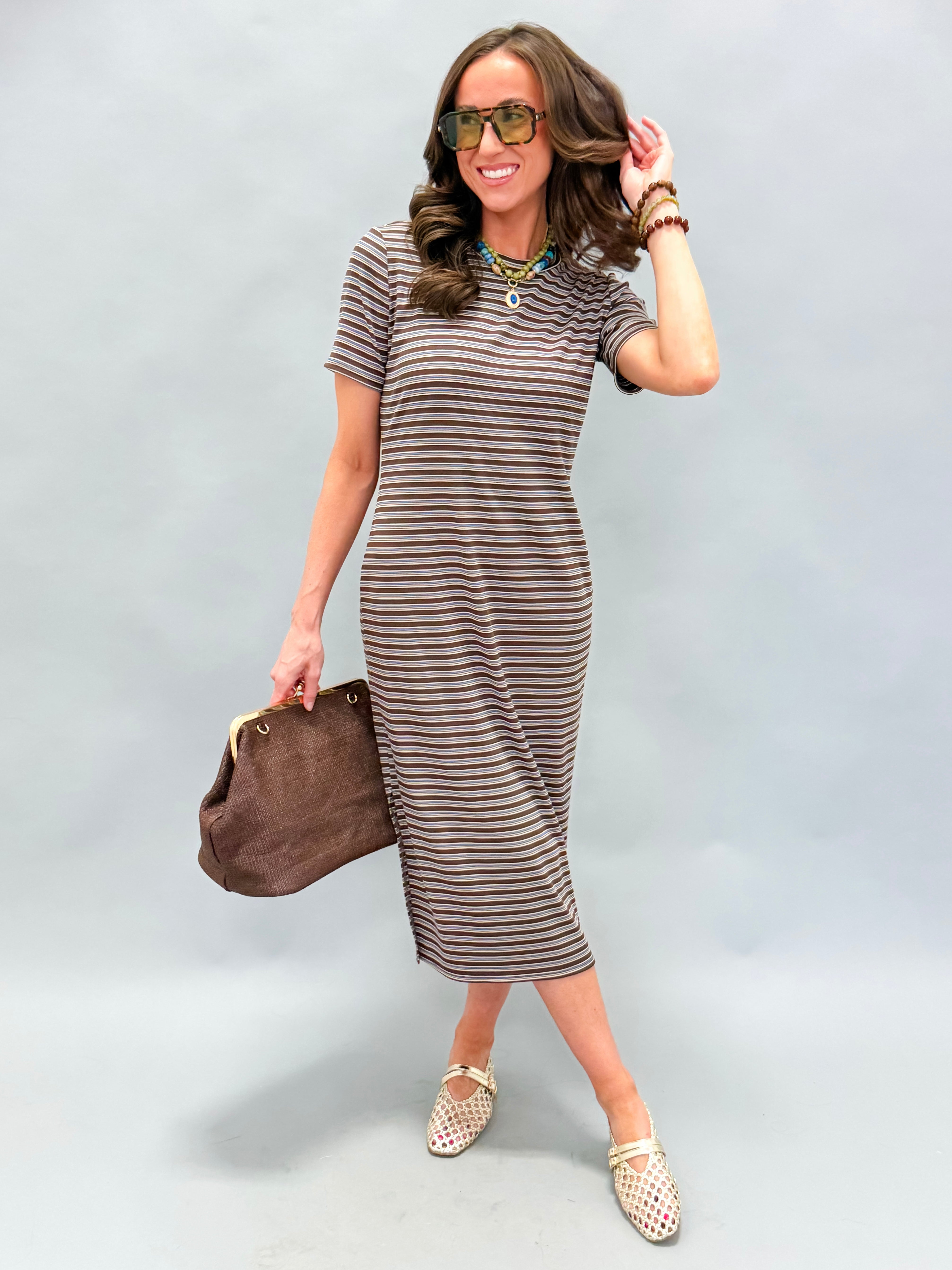Ryland Striped Midi Dress-Brown