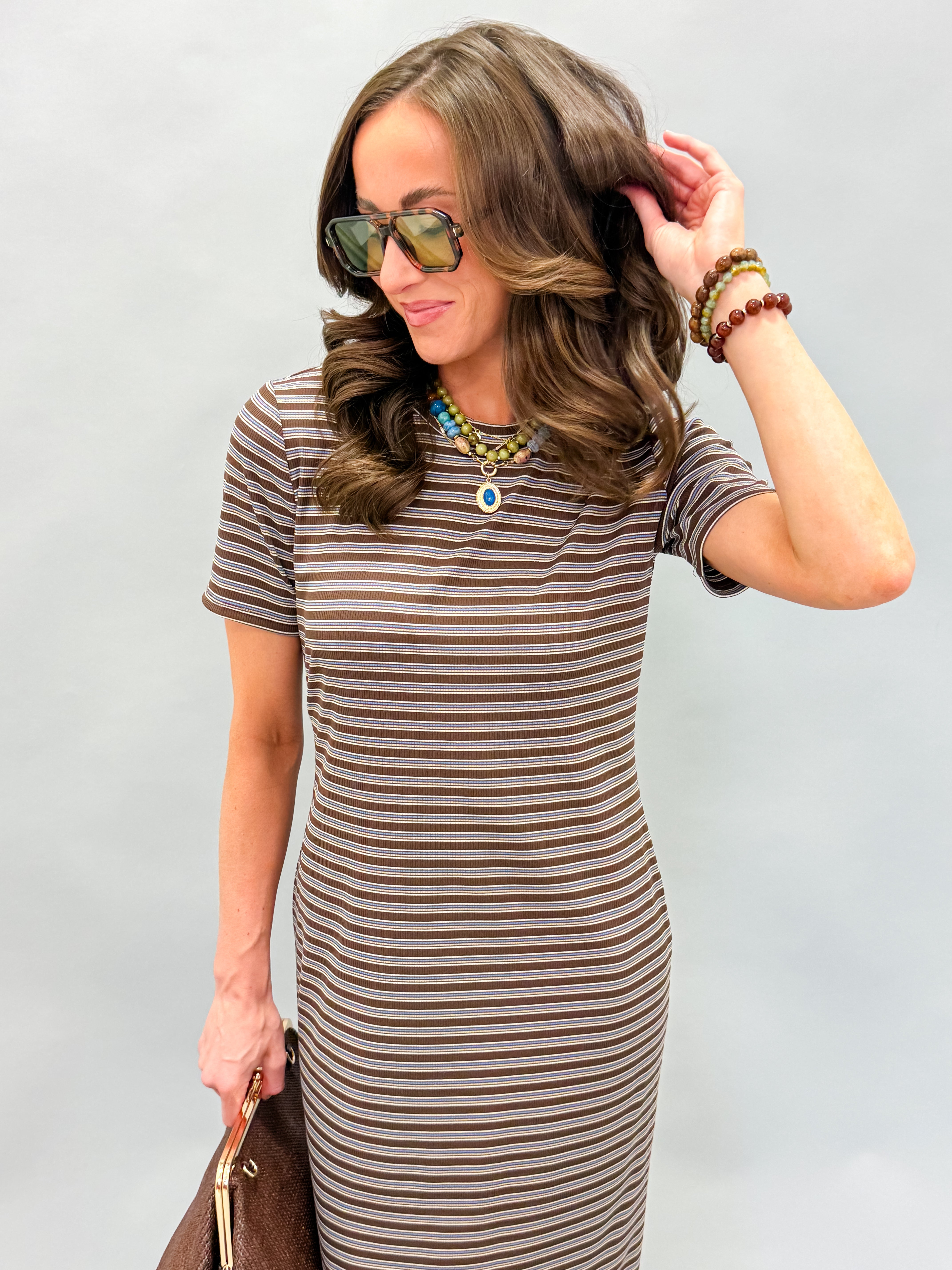 Ryland Striped Midi Dress-Brown