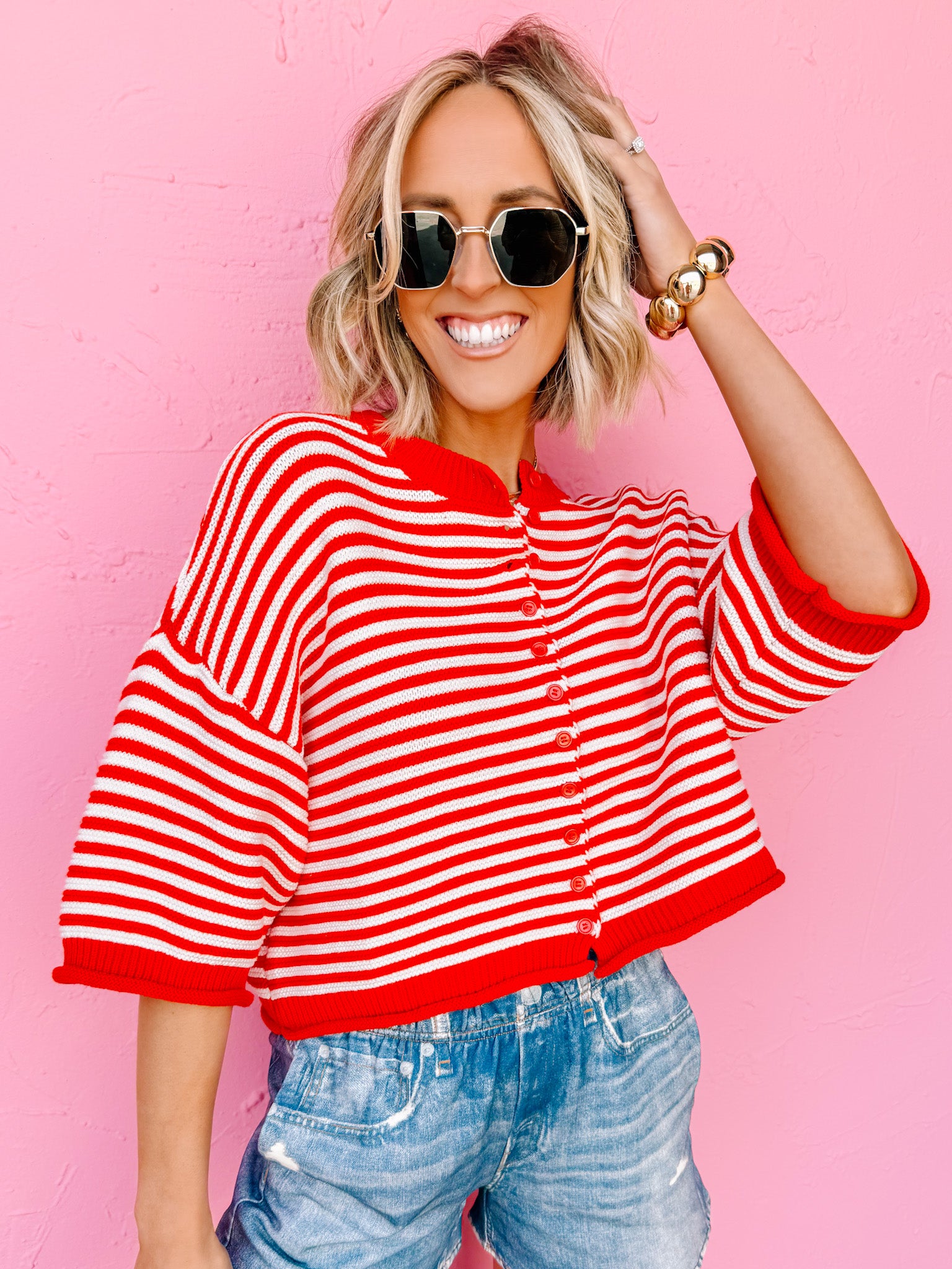 Samara Striped Half Sleeve Cardigan-Red