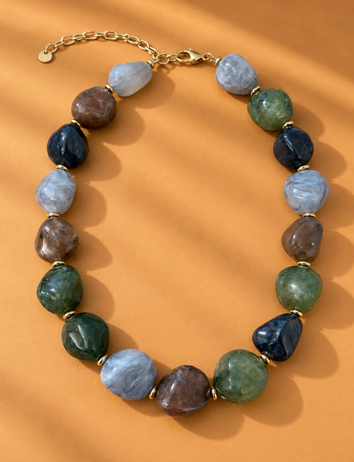 Jena Chunky Bead Statement Necklace-Olive