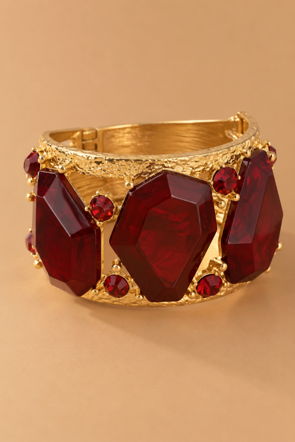 Shana Chunky Stone Wide Cuff Statement Bracelet-Burgundy