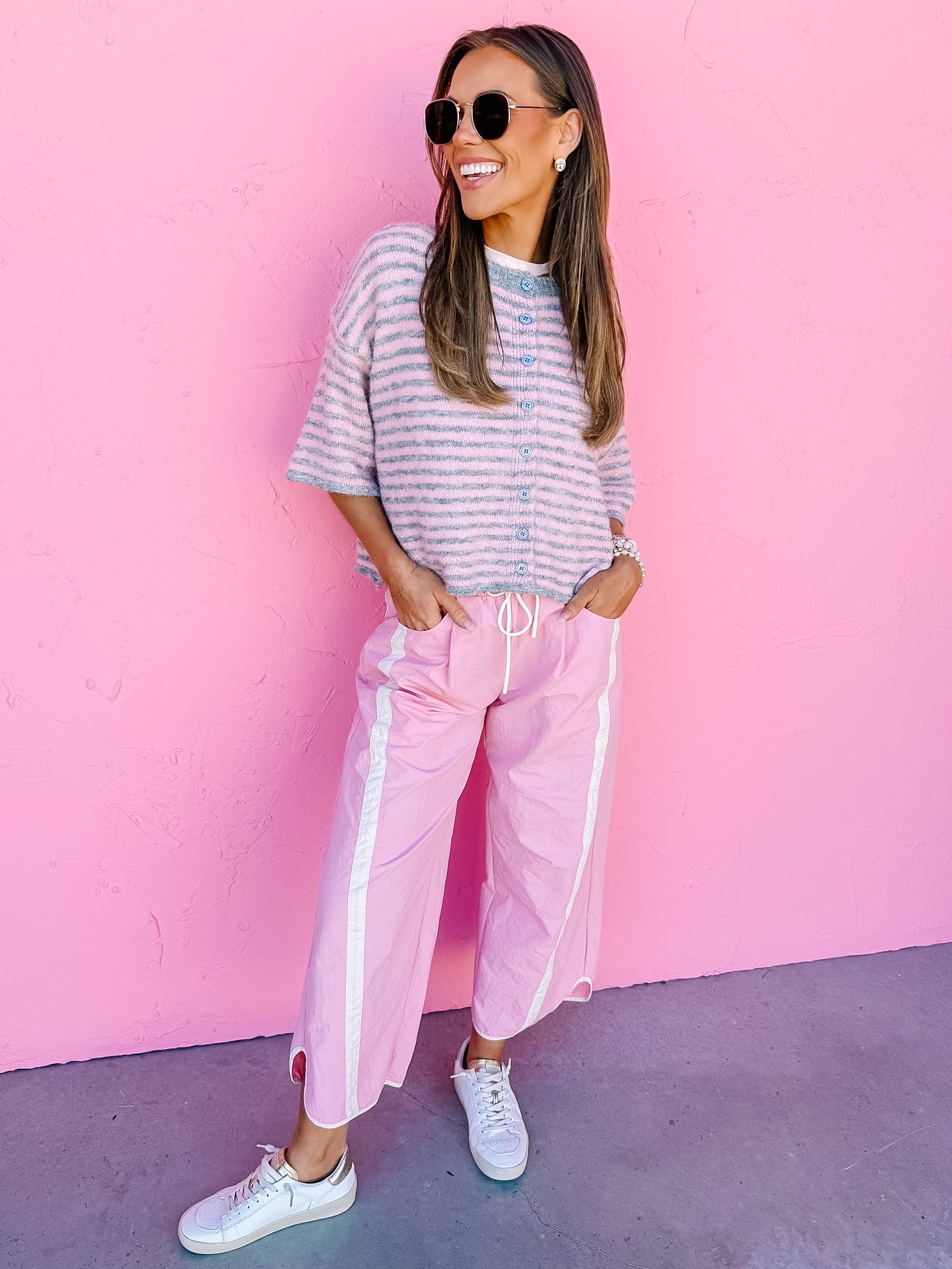 Sharen Striped Cardigan-Pink