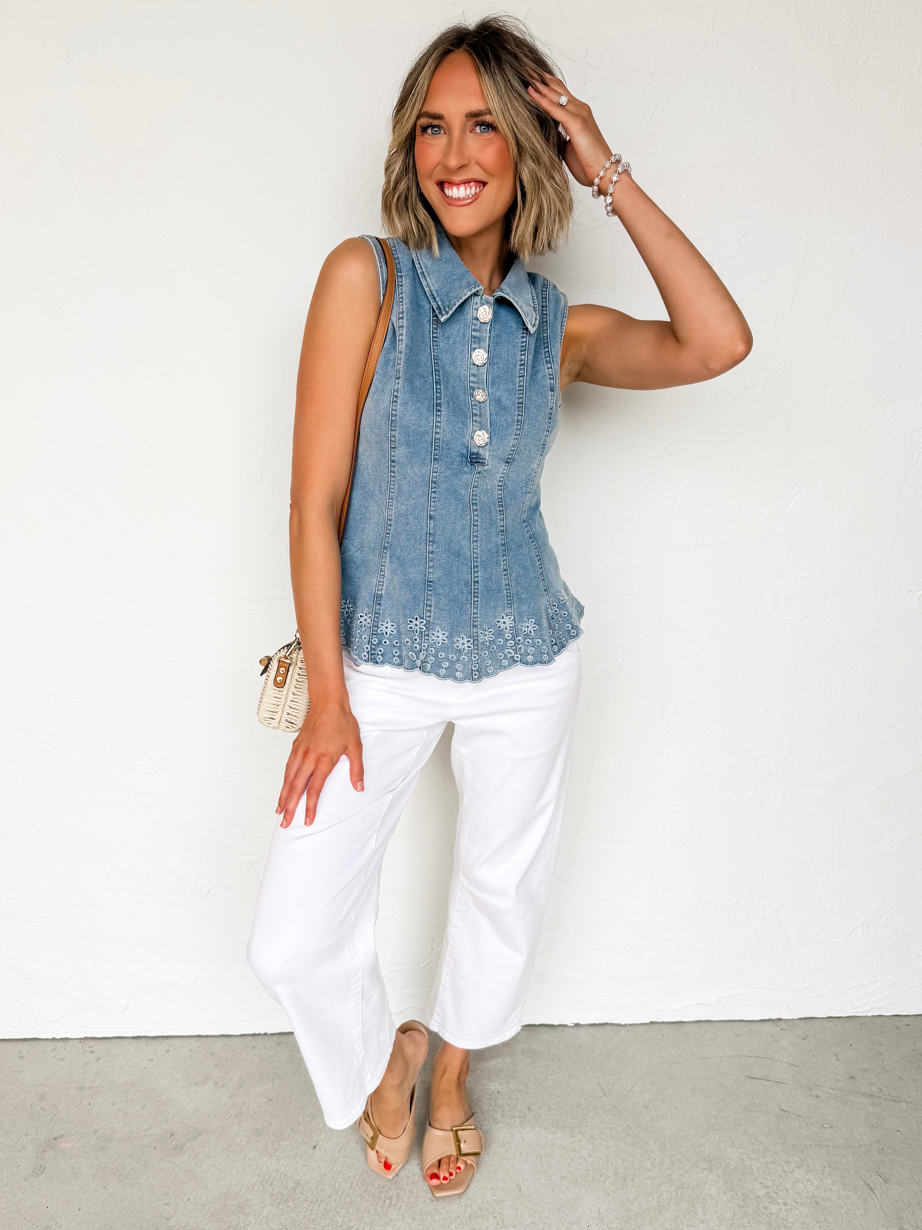 Shay Eyelet Button Accent Top