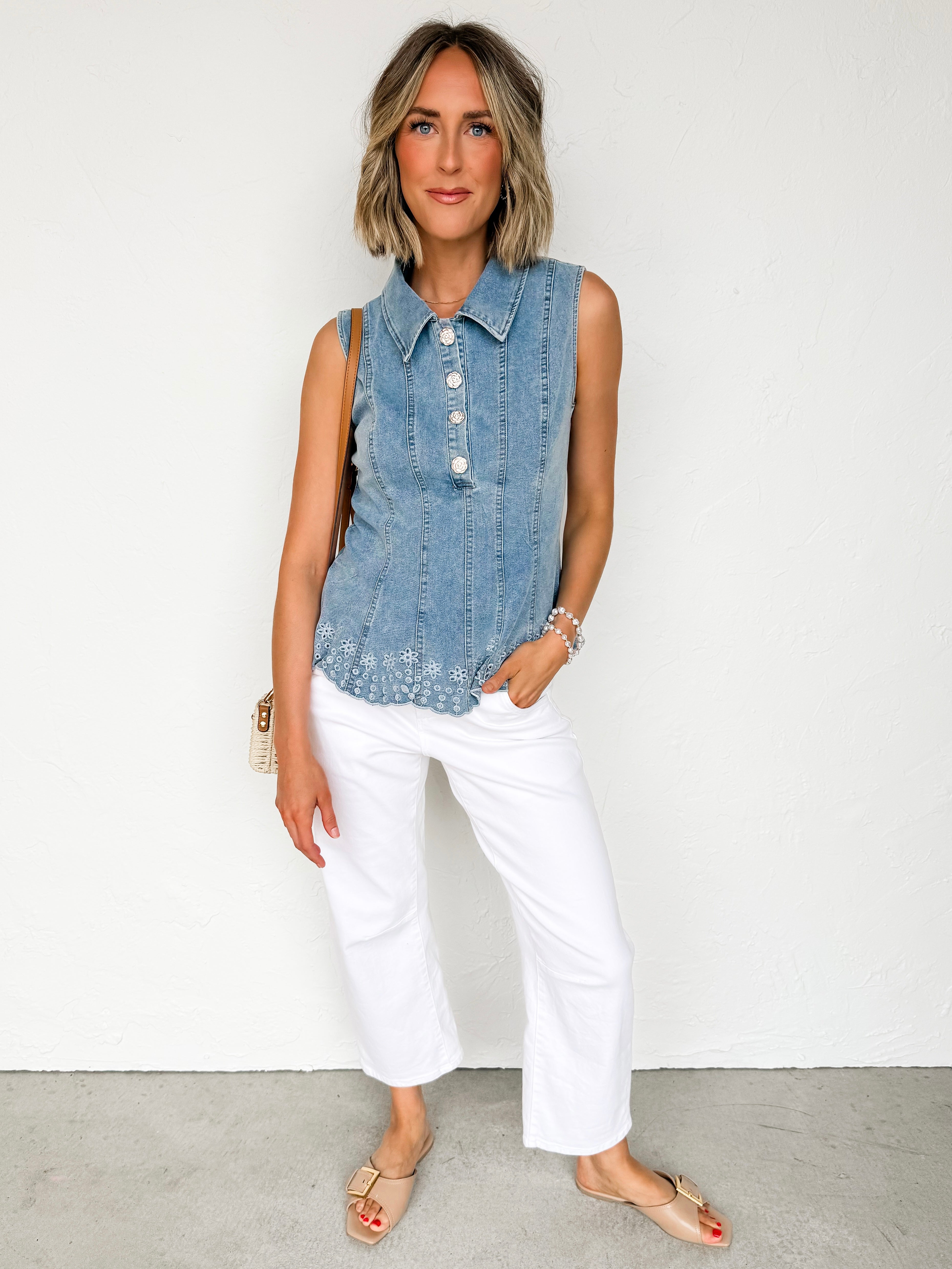 Shay Eyelet Button Accent Top