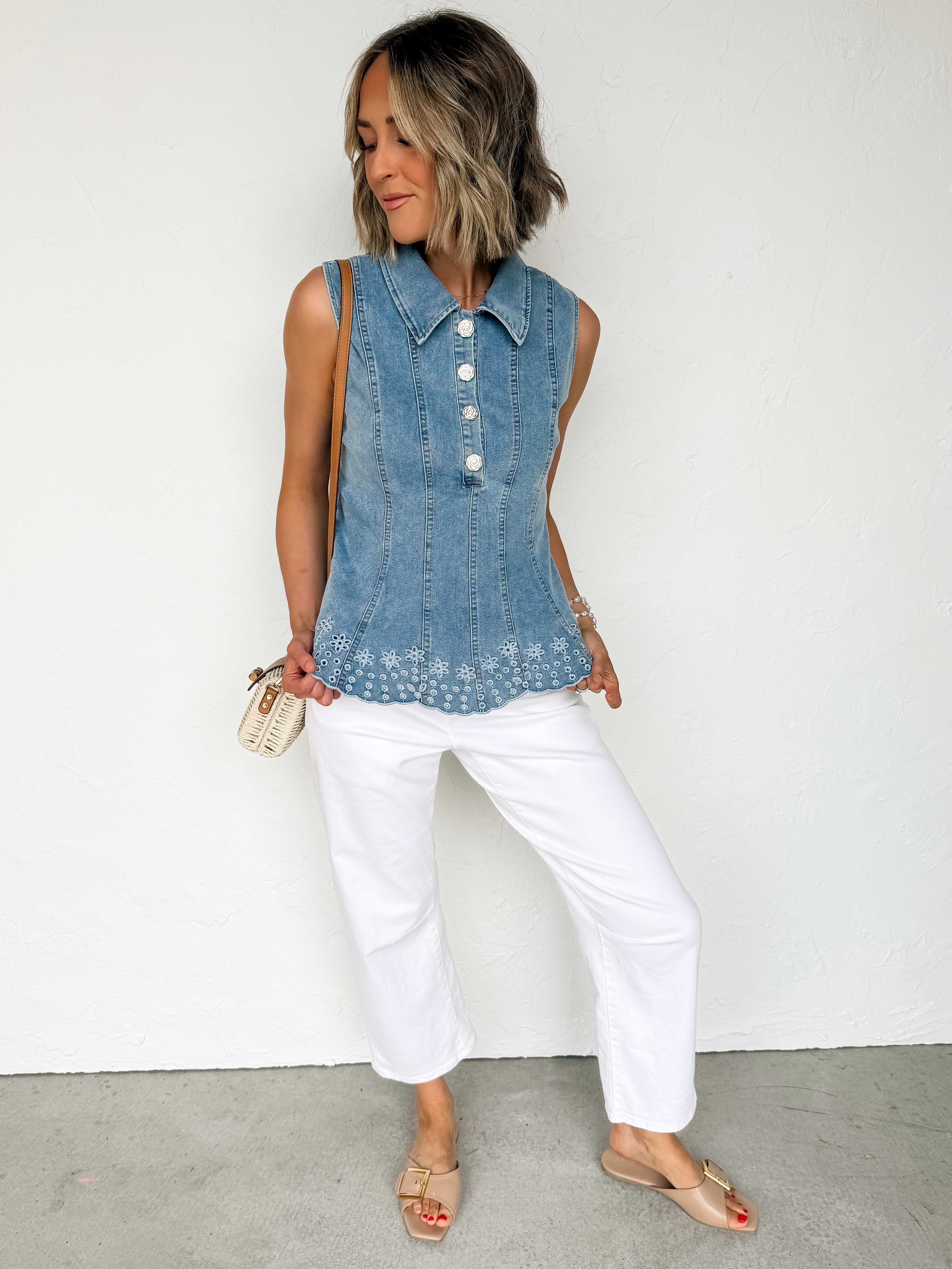 Shay Eyelet Button Accent Top
