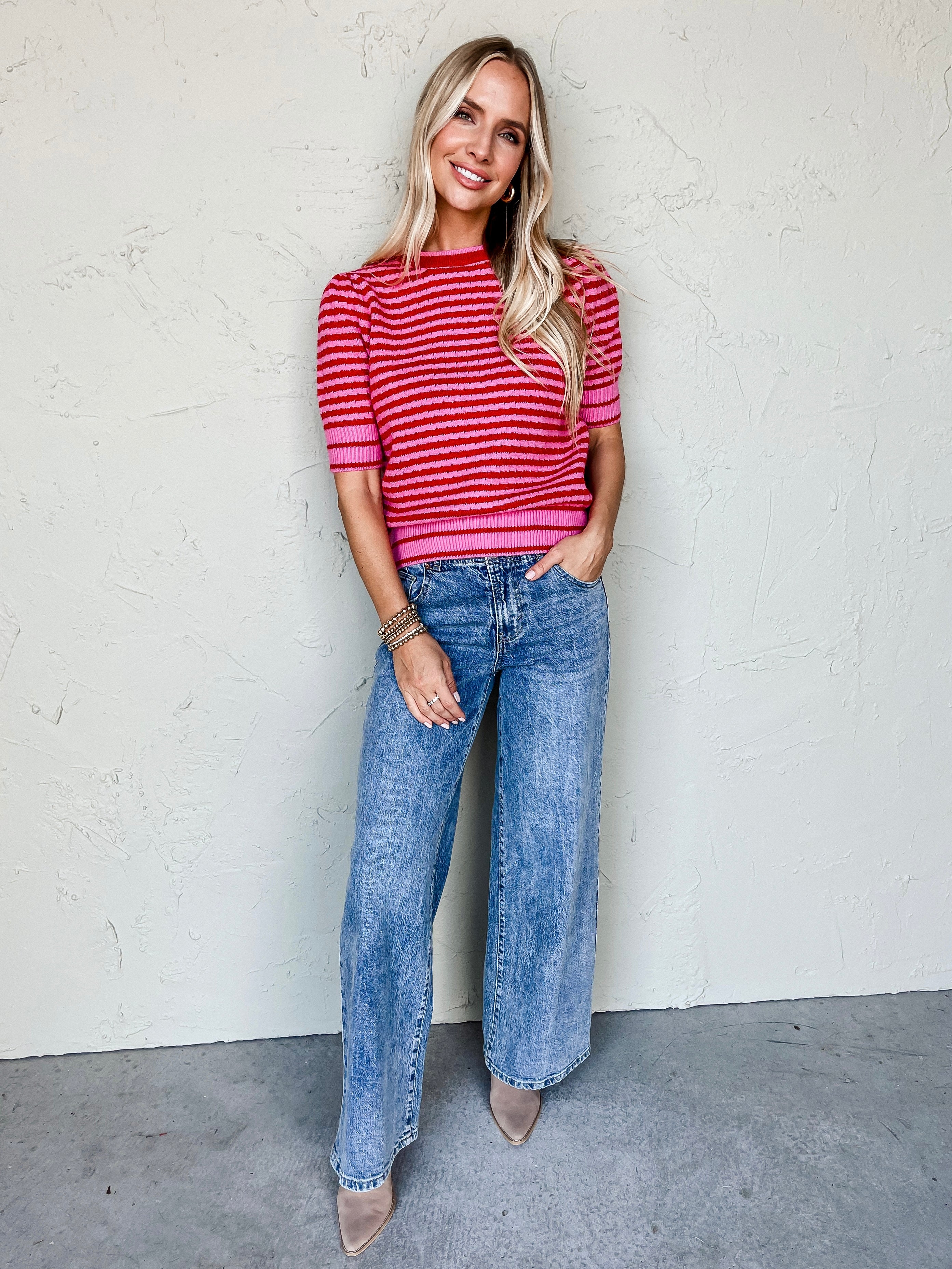 She's A Keeper Striped Pointelle Sweater