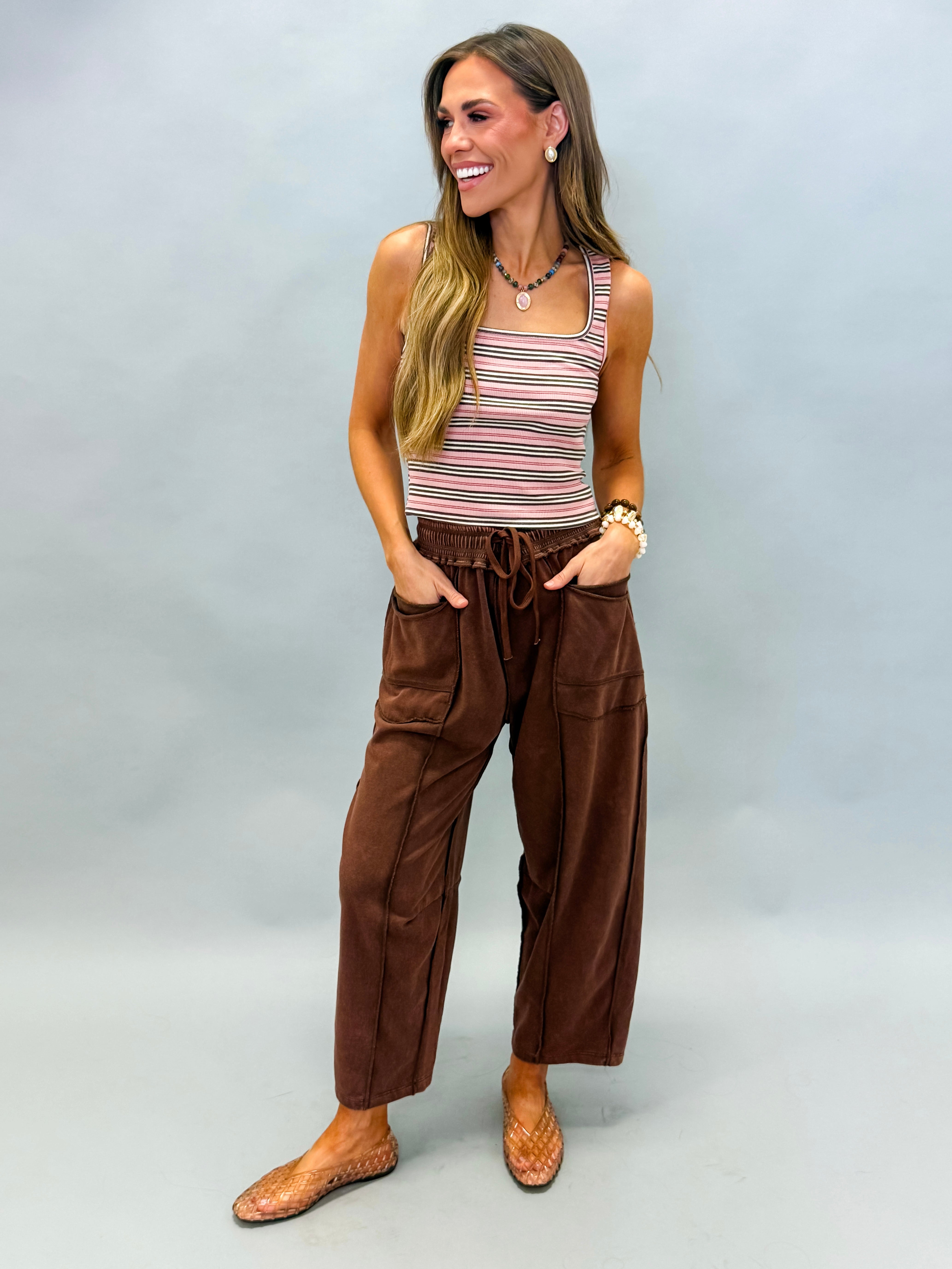Shiloh Mineral Wash Barrel Wide Leg Pants-Chocolate