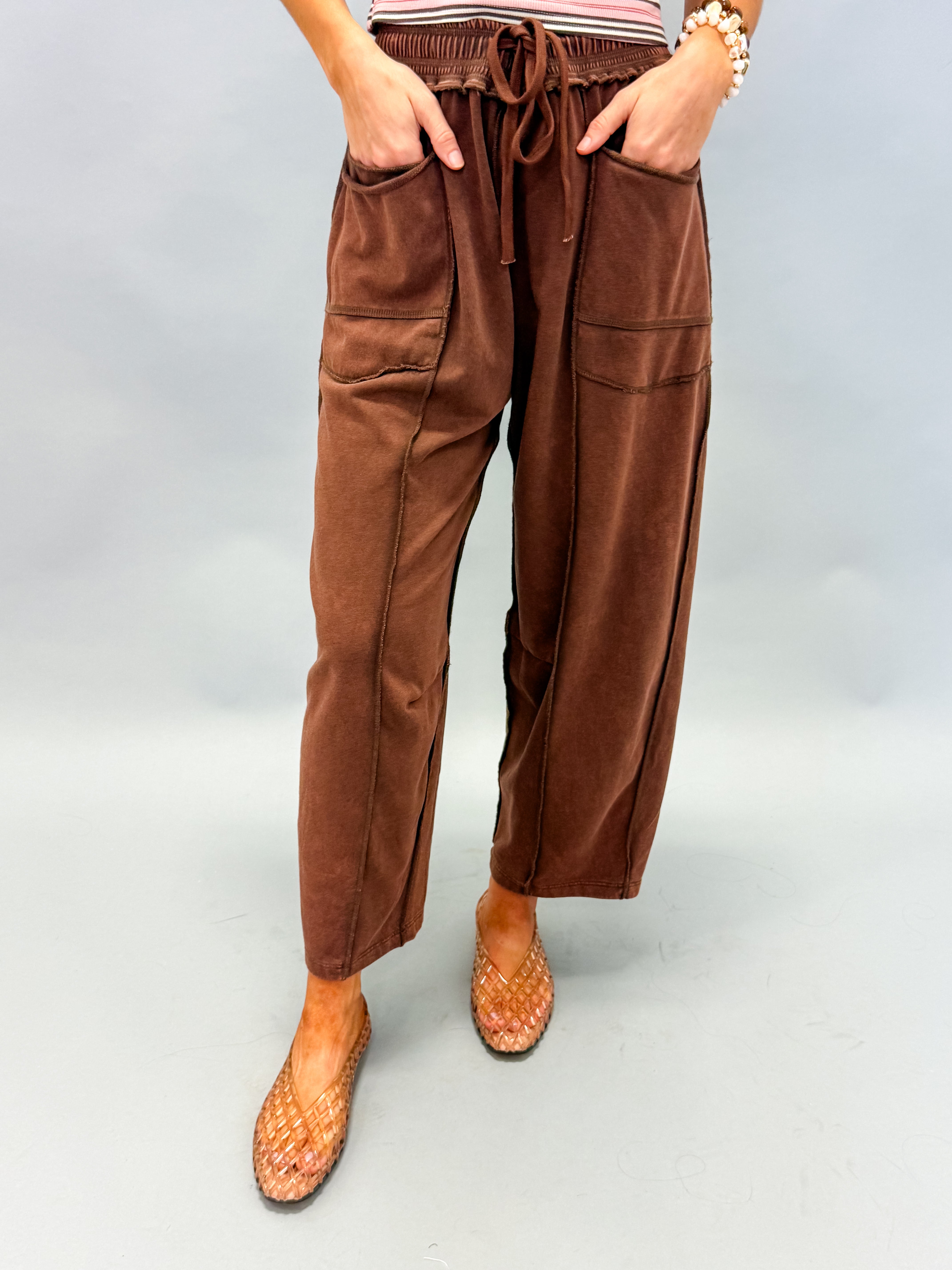 Shiloh Mineral Wash Barrel Wide Leg Pants-Chocolate