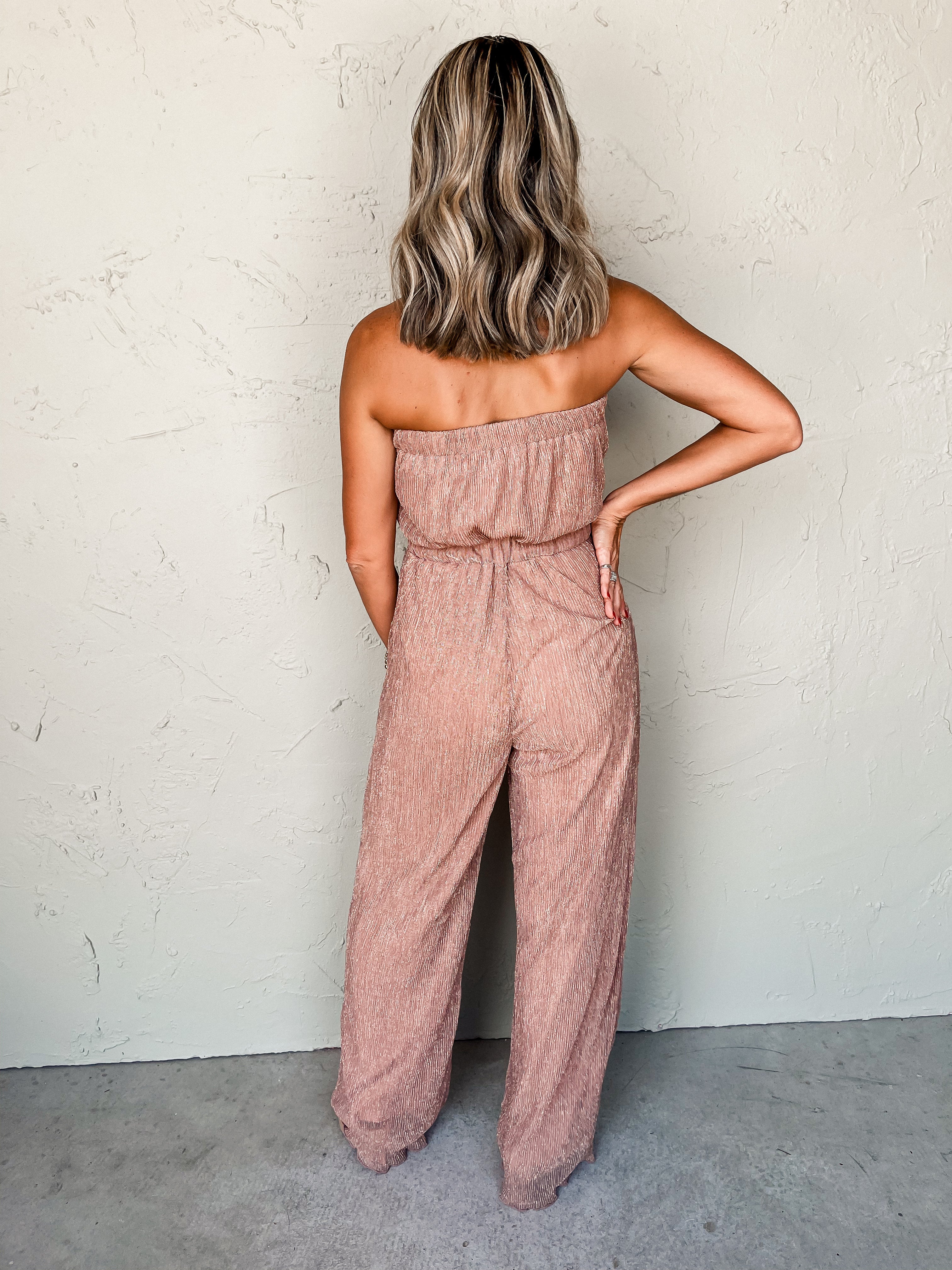 Shimmering Grace Pleated Jumpsuit-Rose Gold