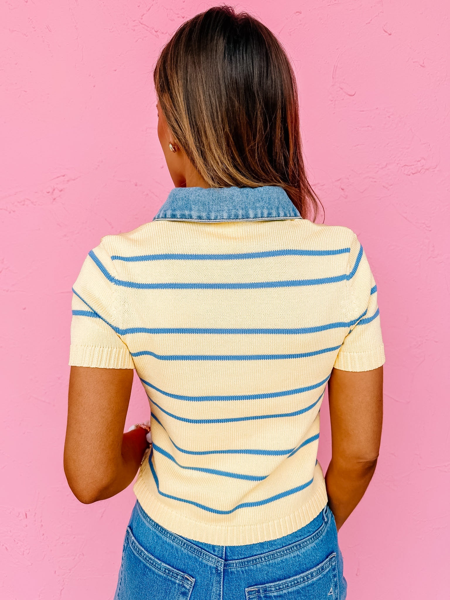 Shyla Striped Contrast Collar Crop Top-Yellow