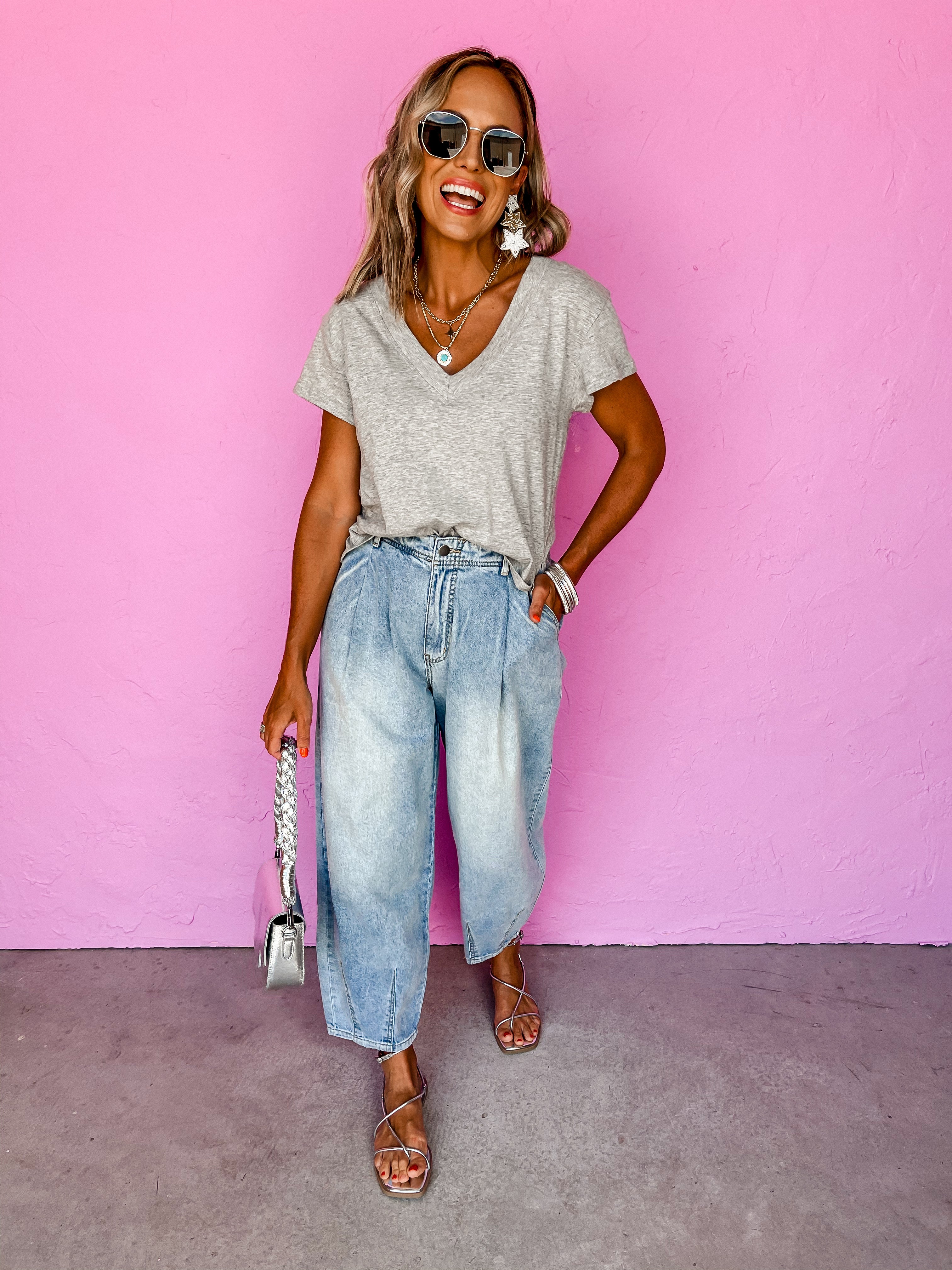 Simple Times V Neck Top-Heather Gray