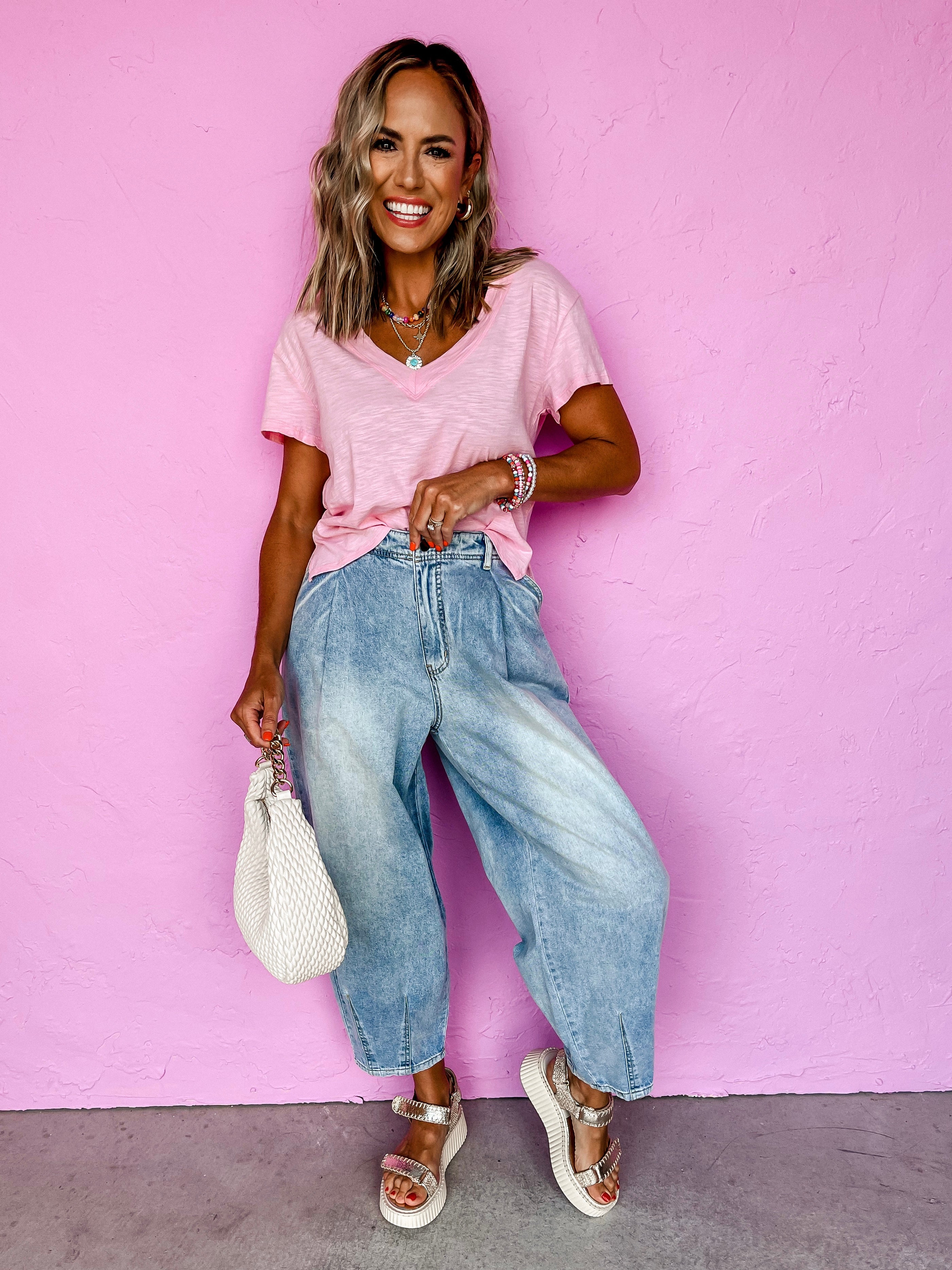 Simple Times V Neck Top-Pink