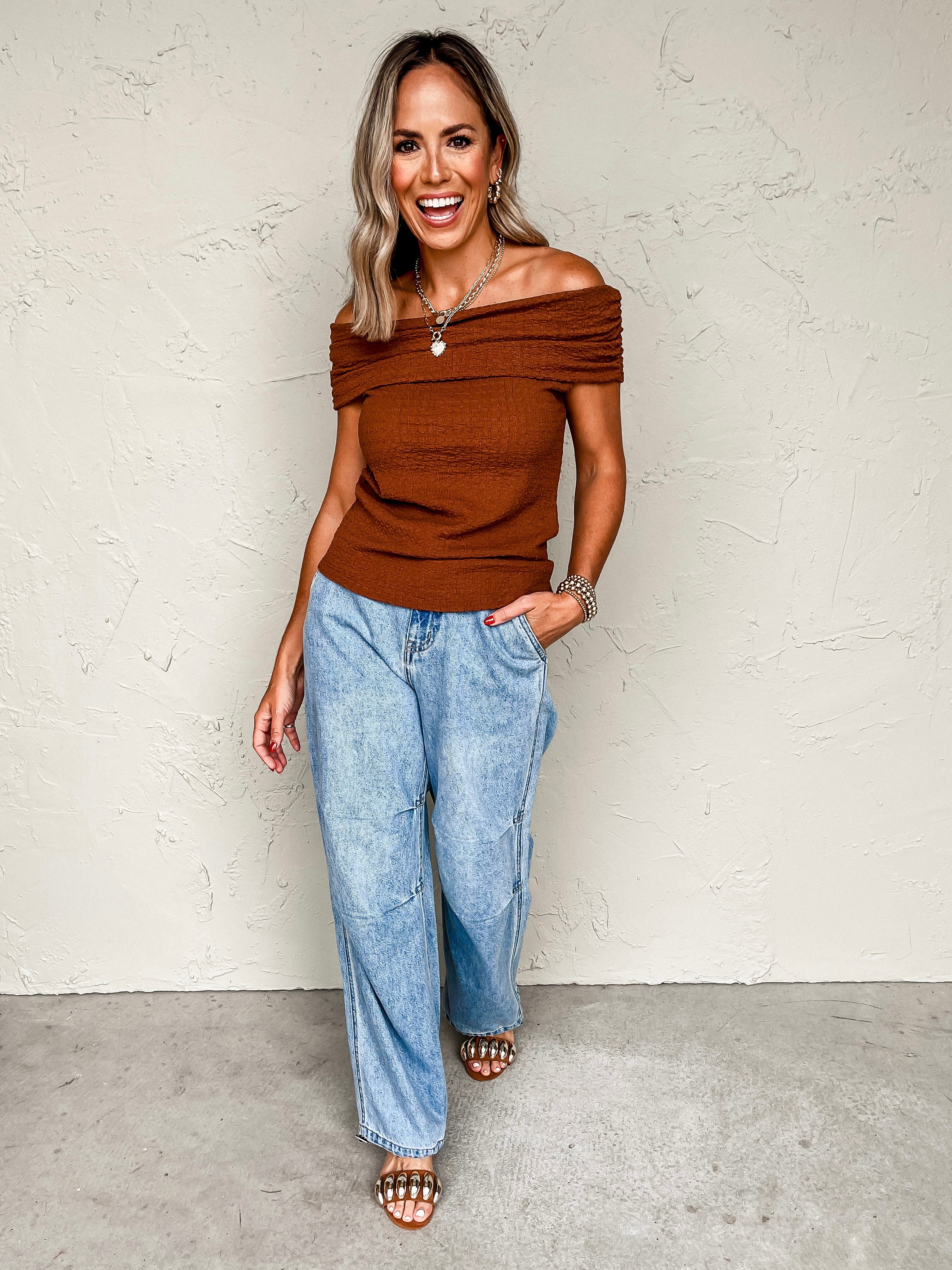 Simply Charming Off The Shoulder Top-Mocha