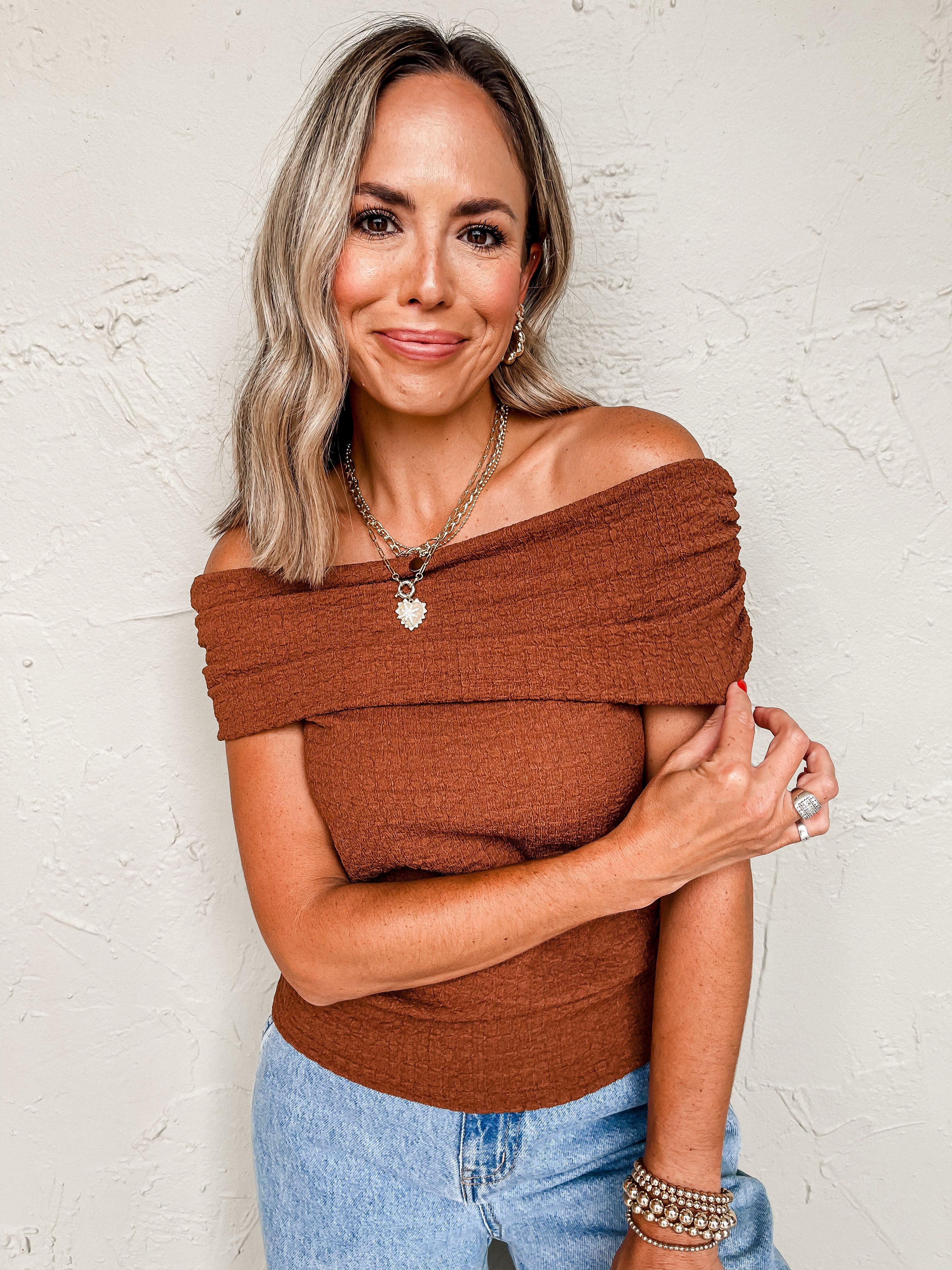 Simply Charming Off The Shoulder Top-Mocha