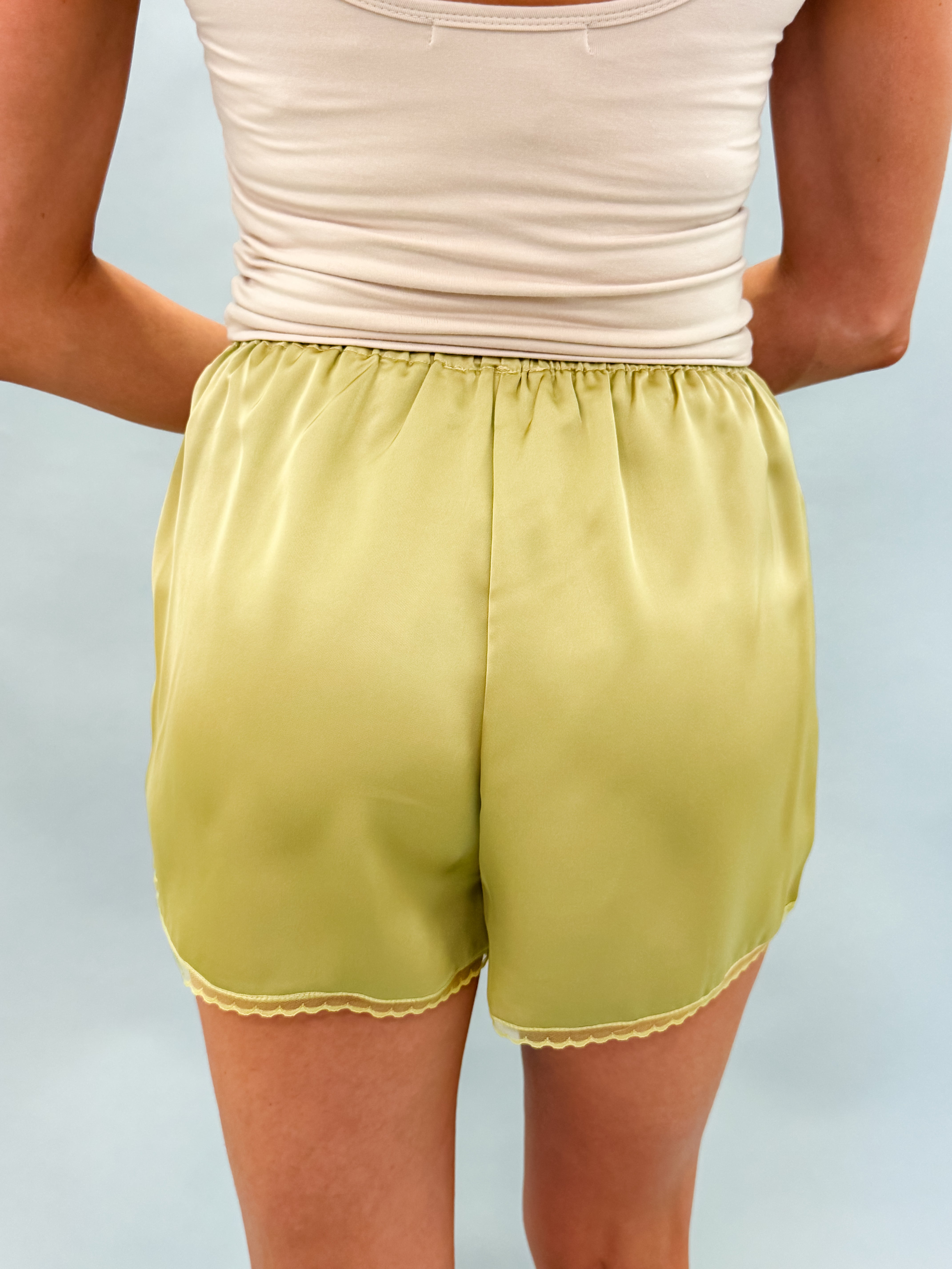 Sloan Satin Lace Trim Shorts-Lemongrass