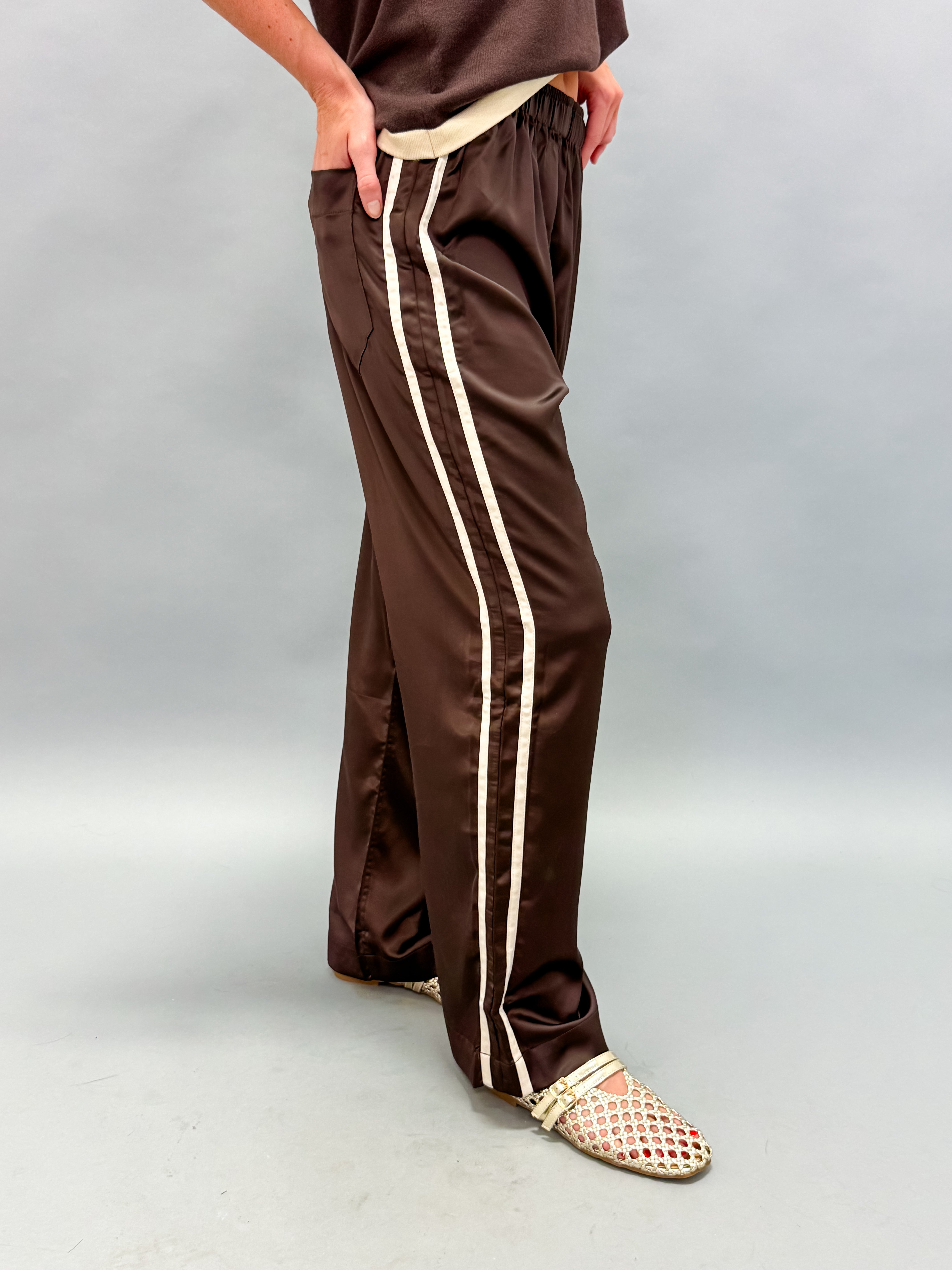 Sofia Side Stripe Satin Pants-Brown