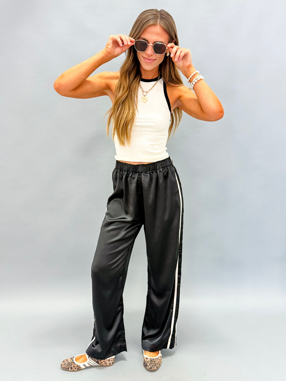 Sofia Side Stripe Satin Pants-Black