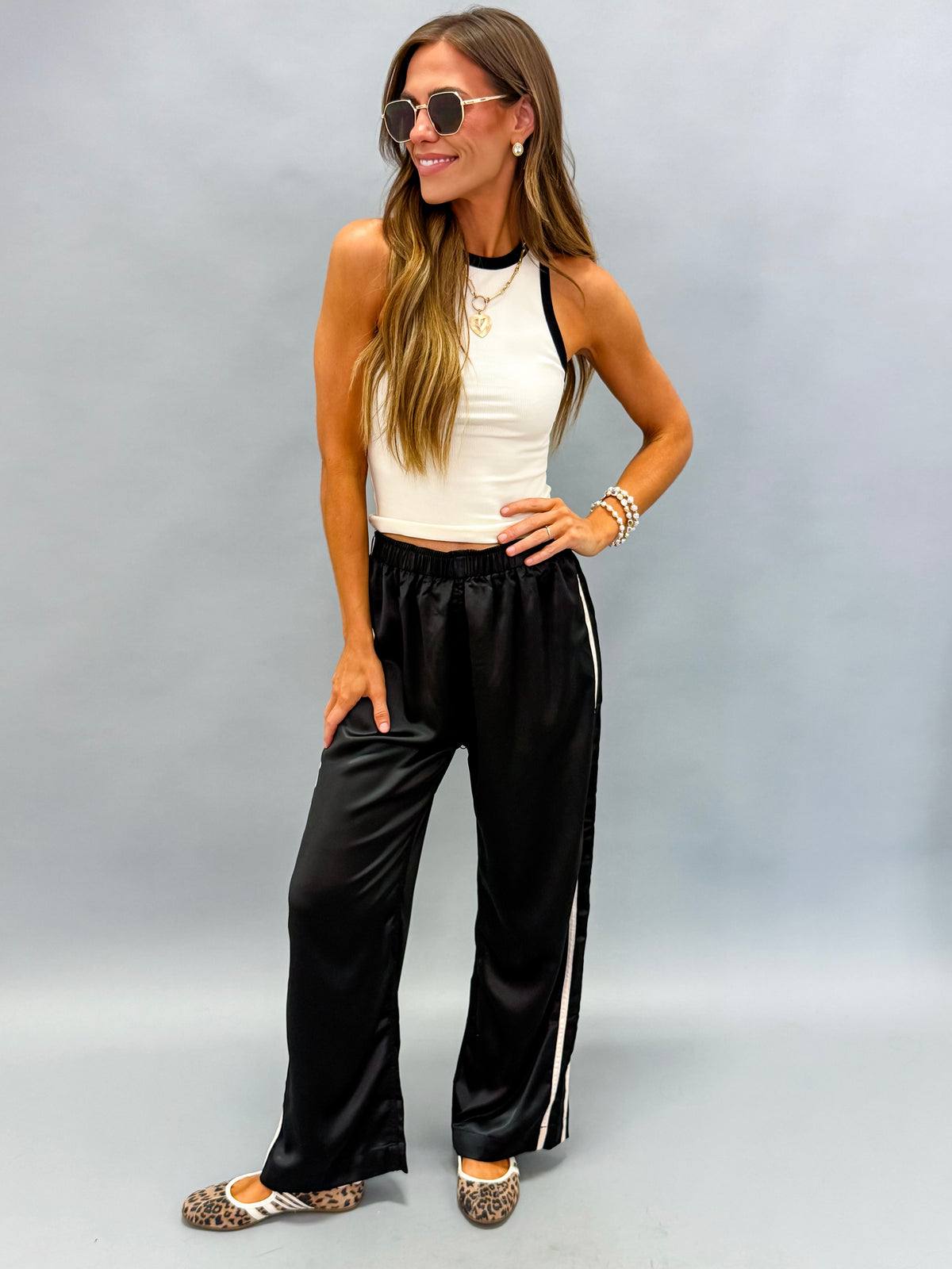 Sofia Side Stripe Satin Pants-Black