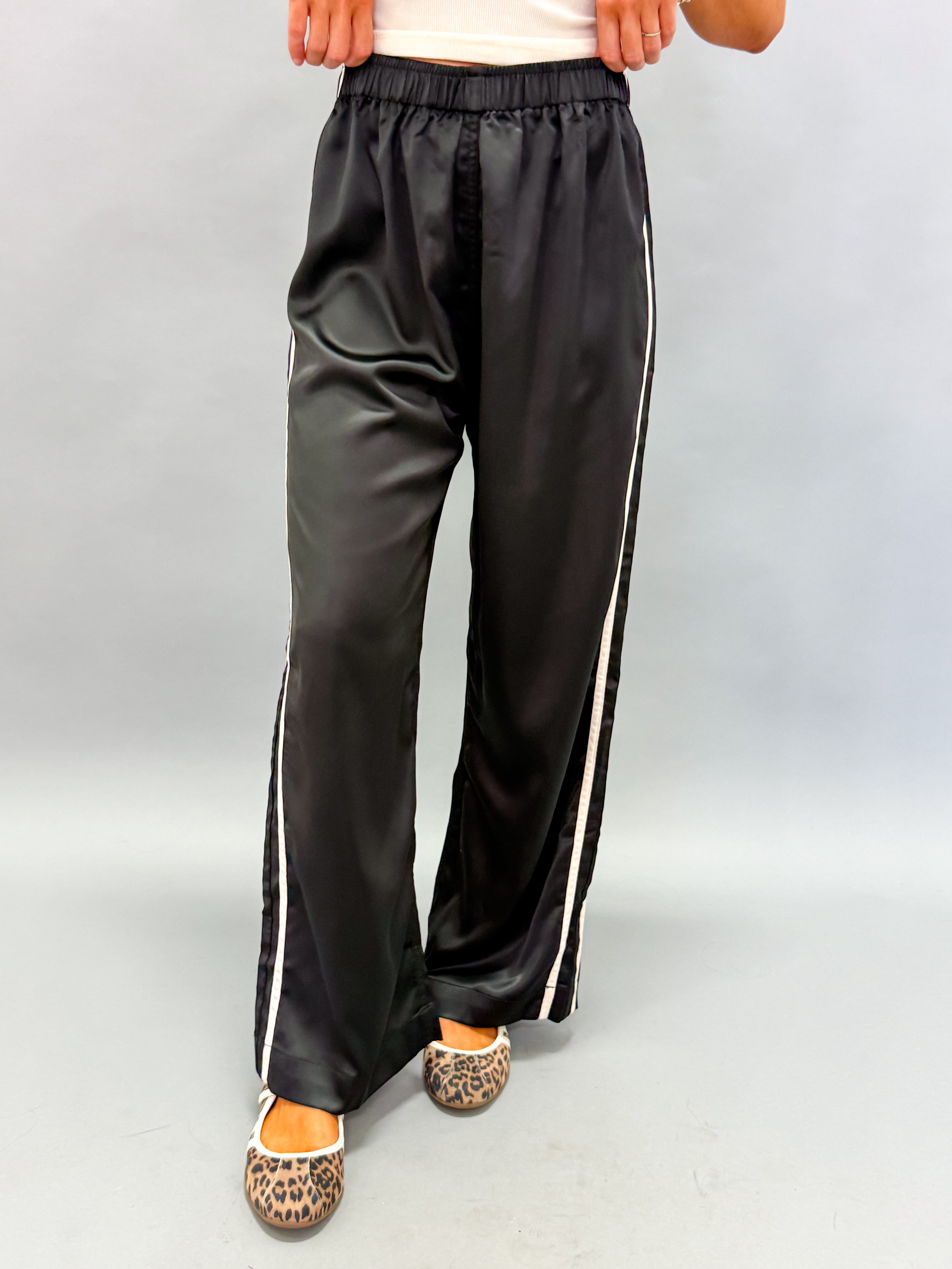 Sofia Side Stripe Satin Pants-Black
