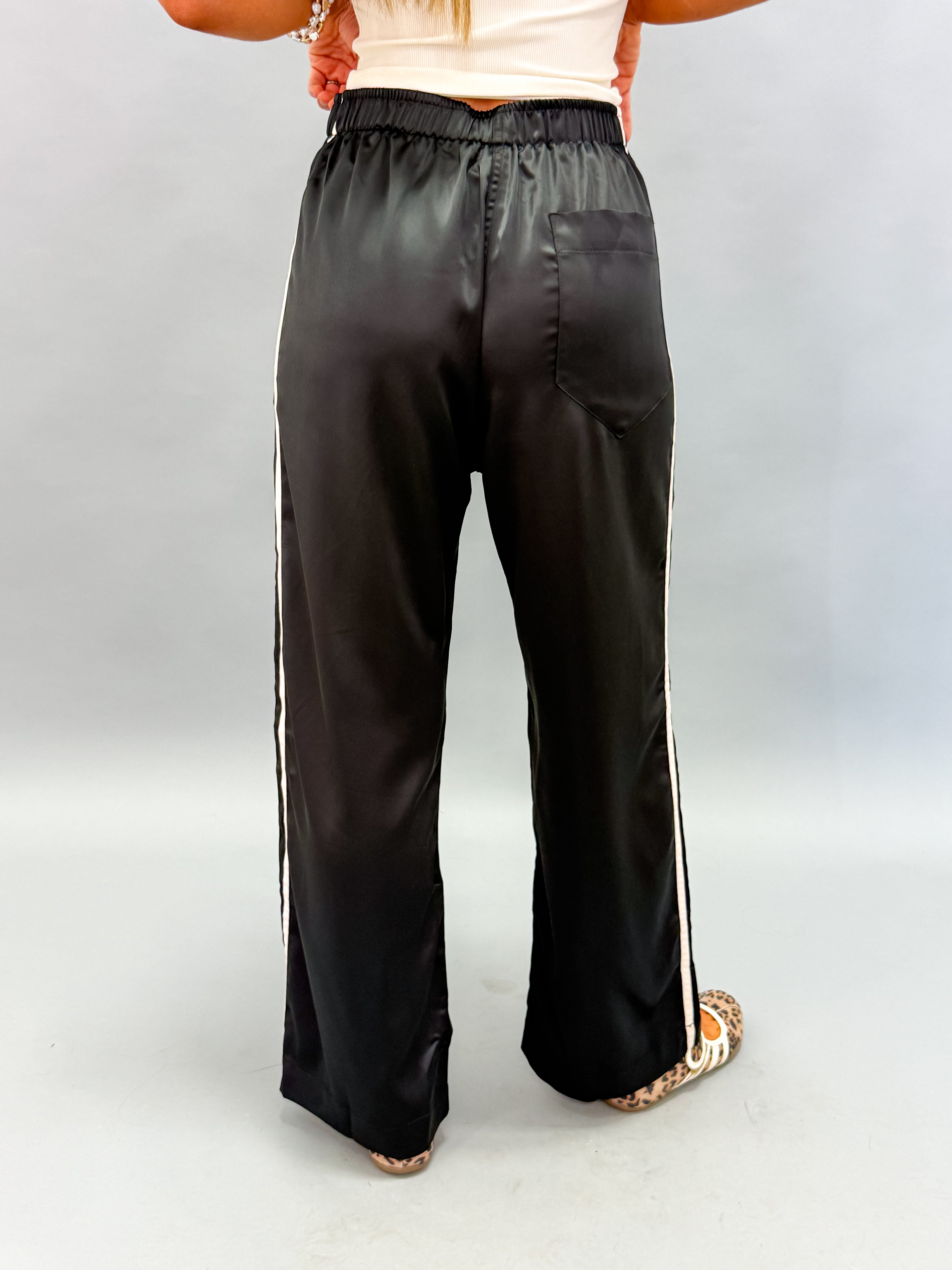 Sofia Side Stripe Satin Pants-Black