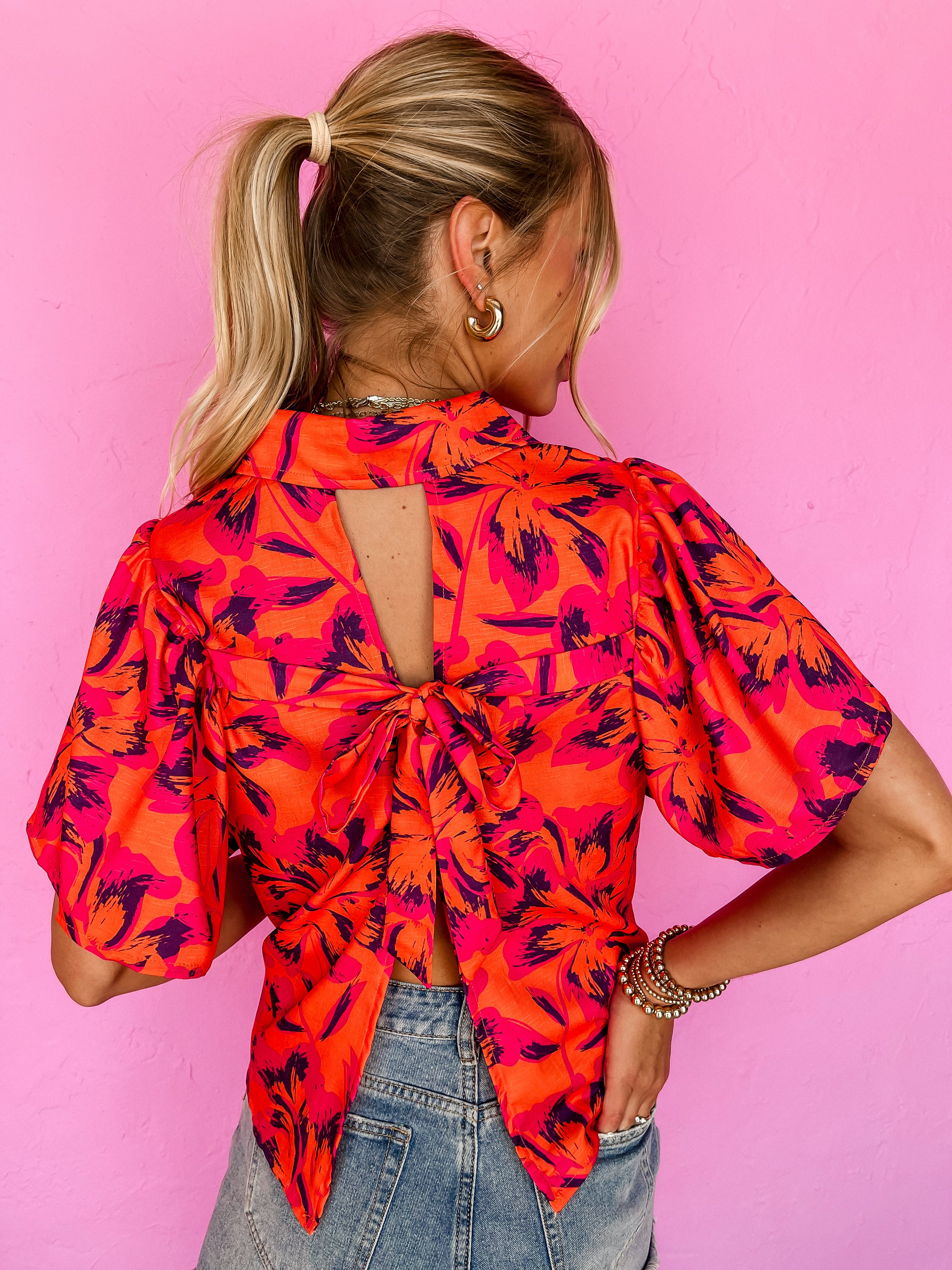 Somewhere Tropical Floral Button Front Top