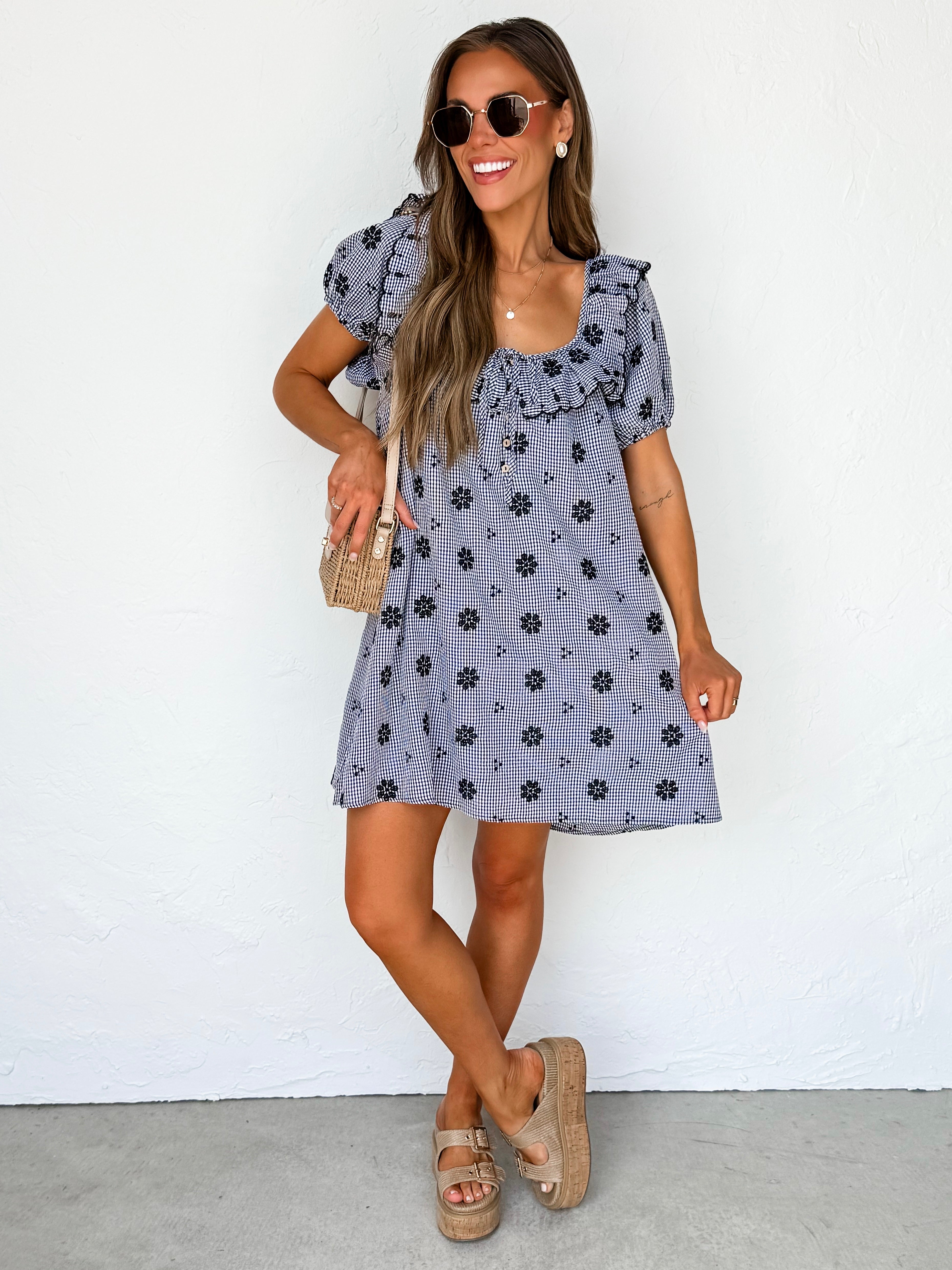 Spencer Floral Embroidery Mini Dress-Black