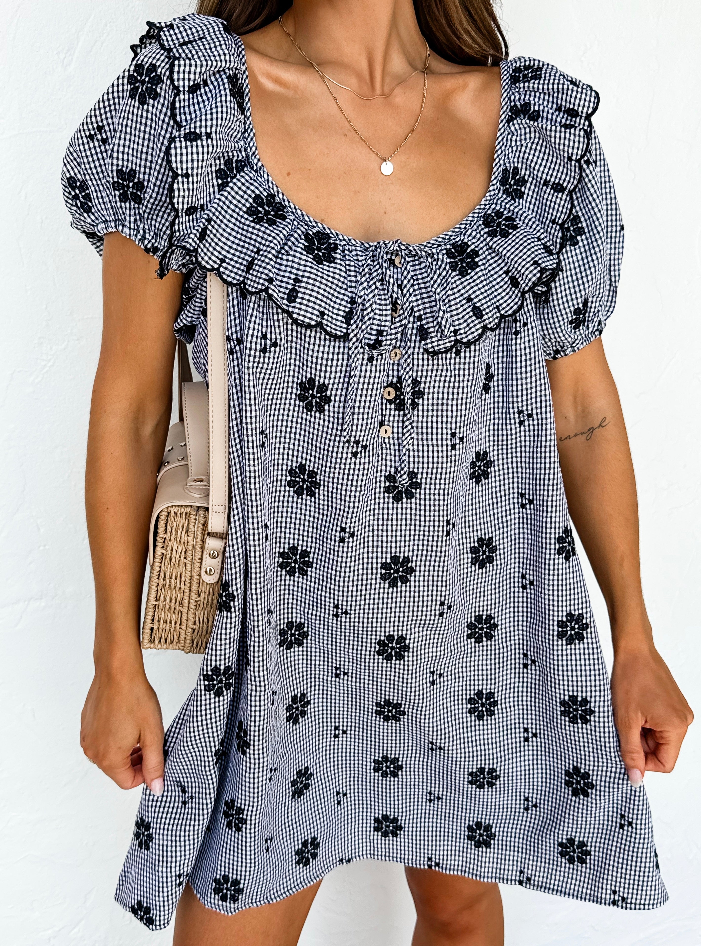 Spencer Floral Embroidery Mini Dress-Black