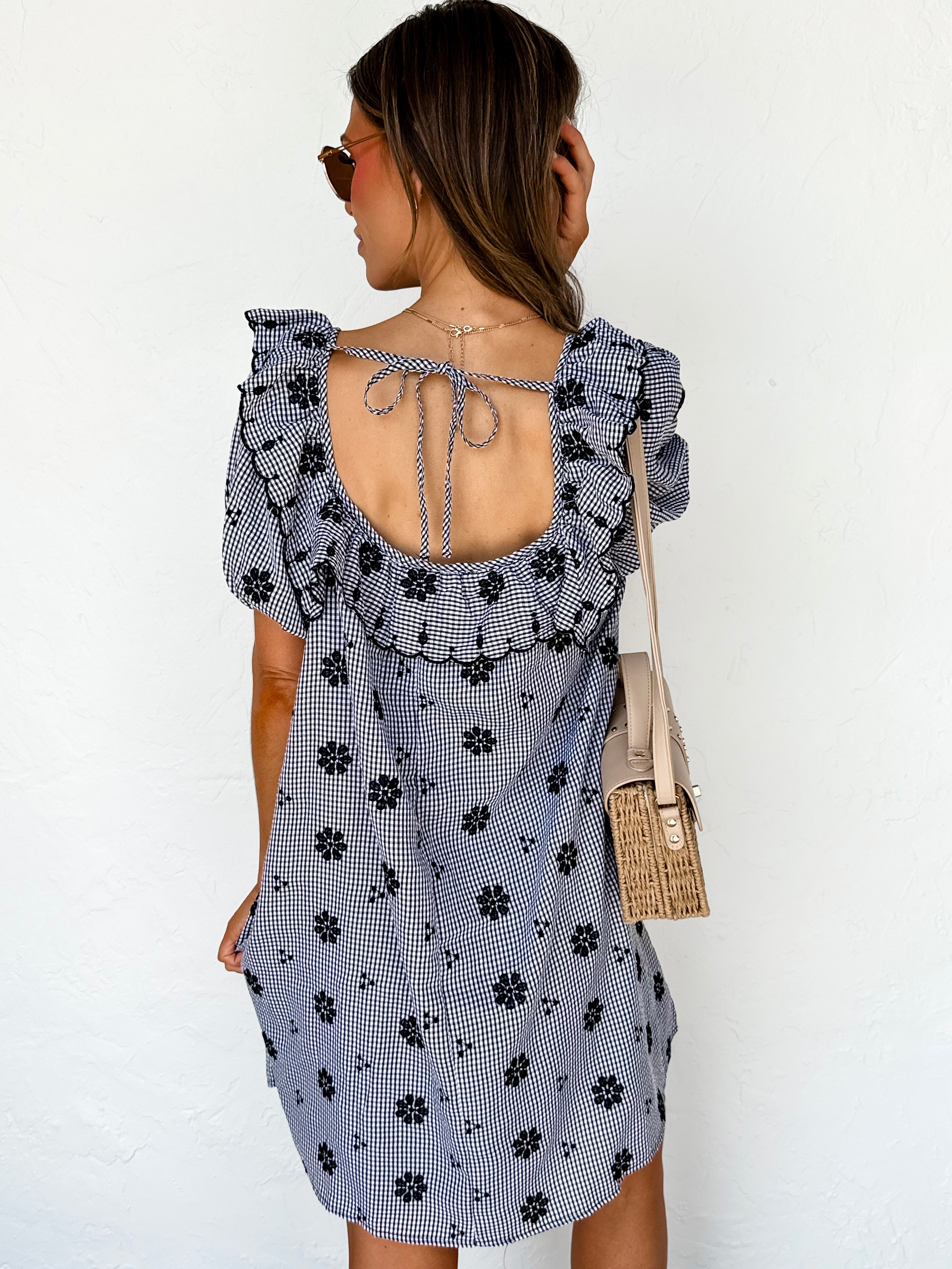 Spencer Floral Embroidery Mini Dress-Black