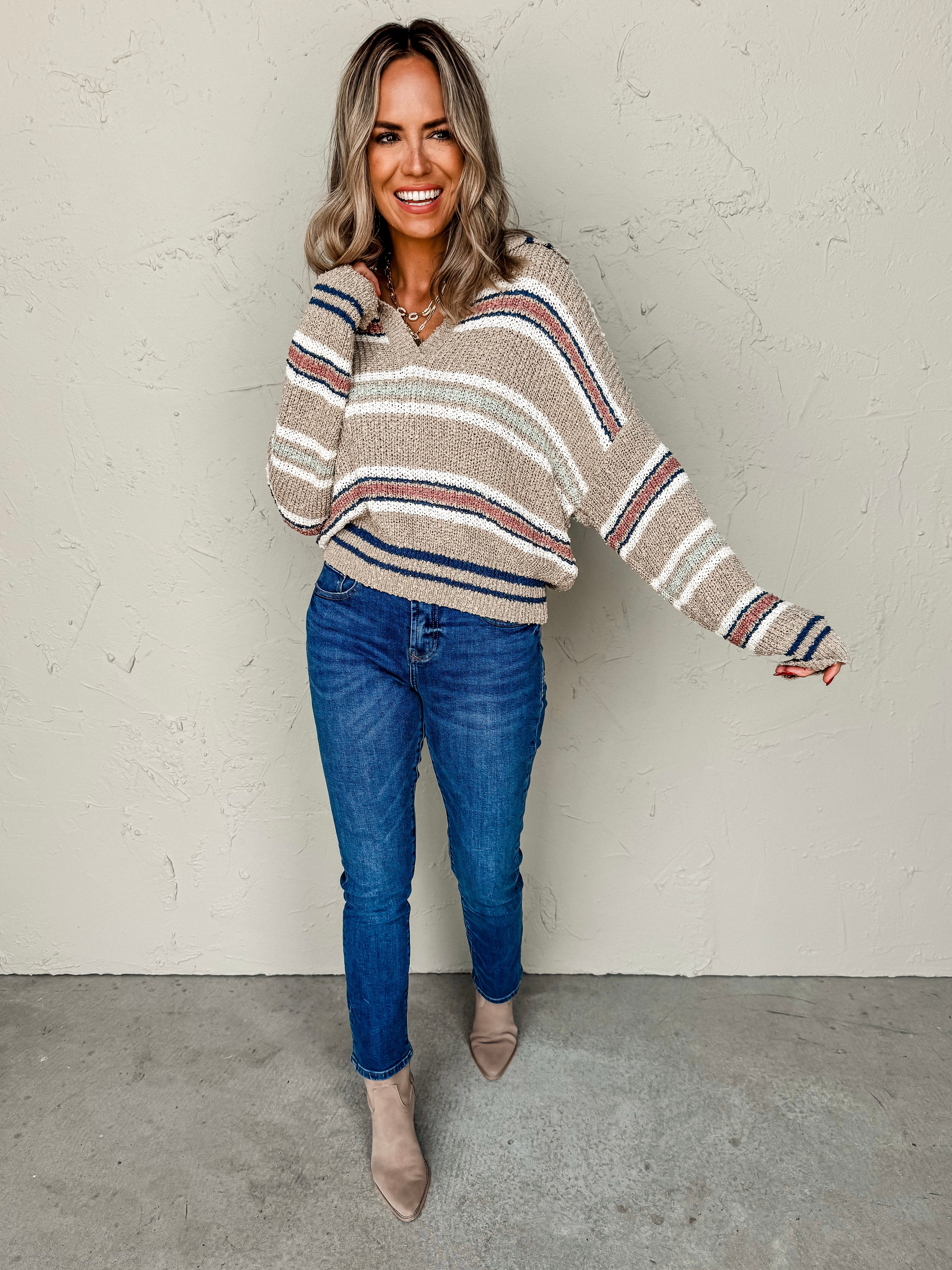 Staying Optimistic Collared V Neck Sweater