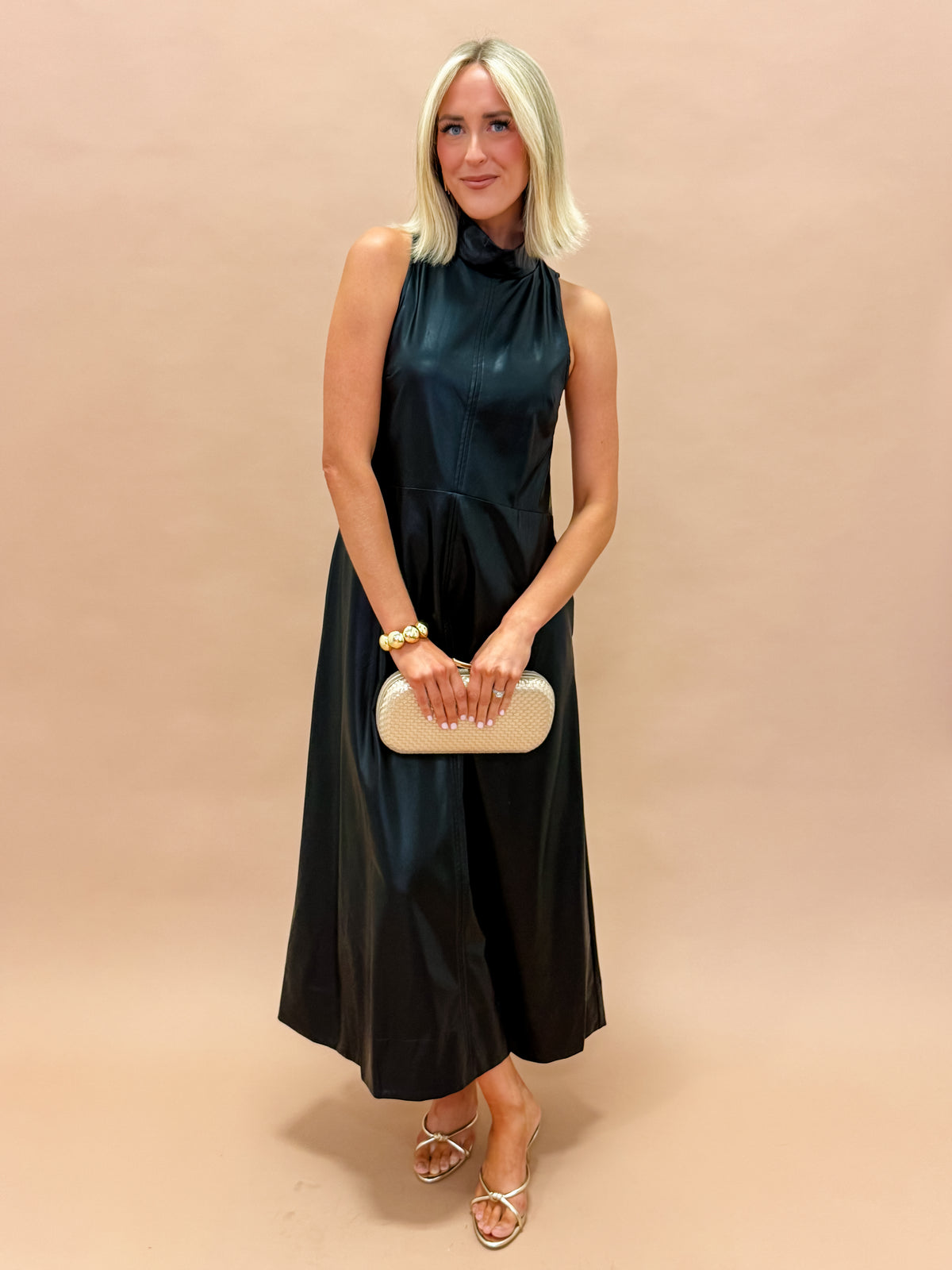 Sterling Faux Leather Sleeveless Midi Dress