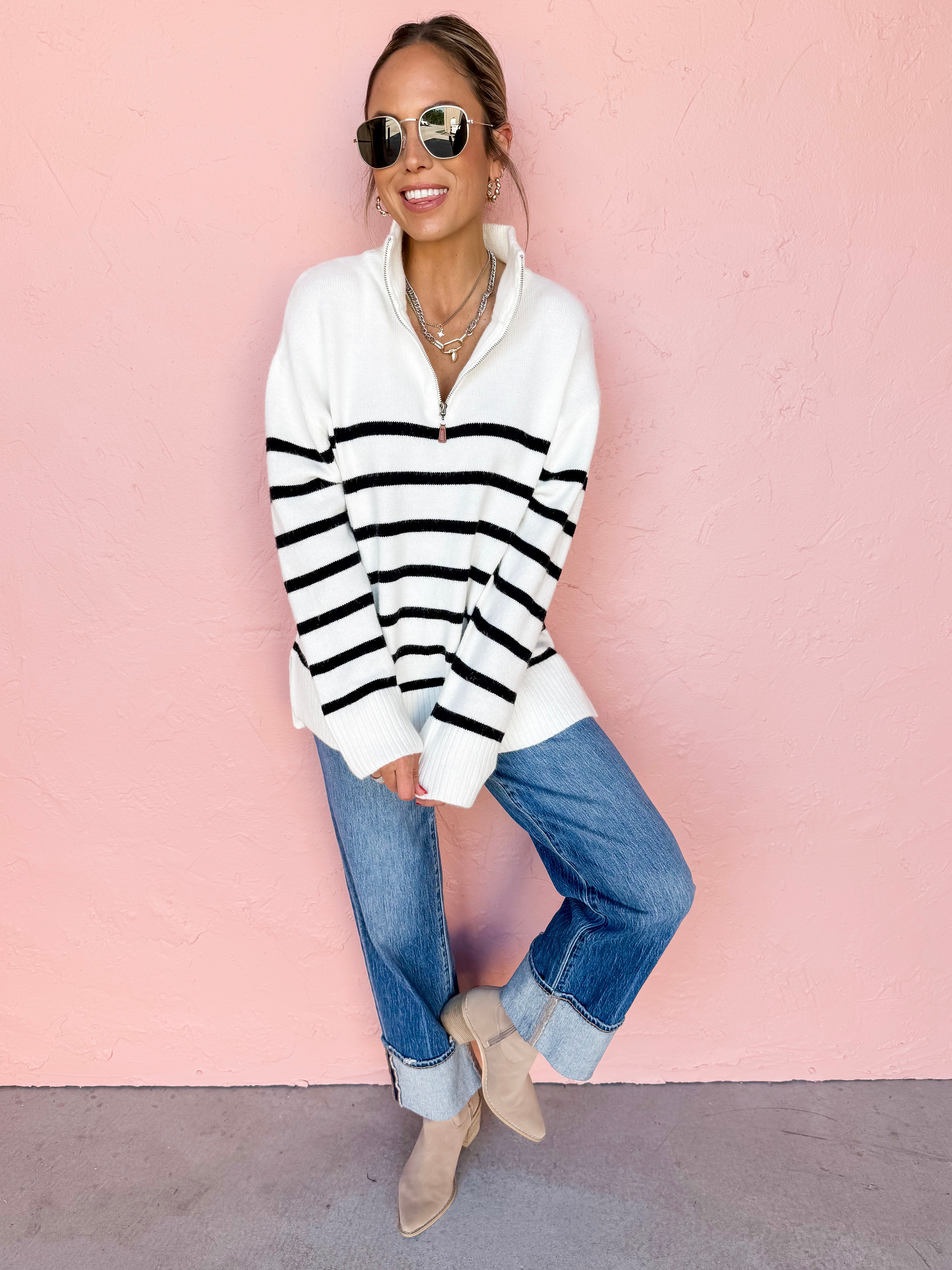 Stripe Up A Conversation Quarter Zip Sweater