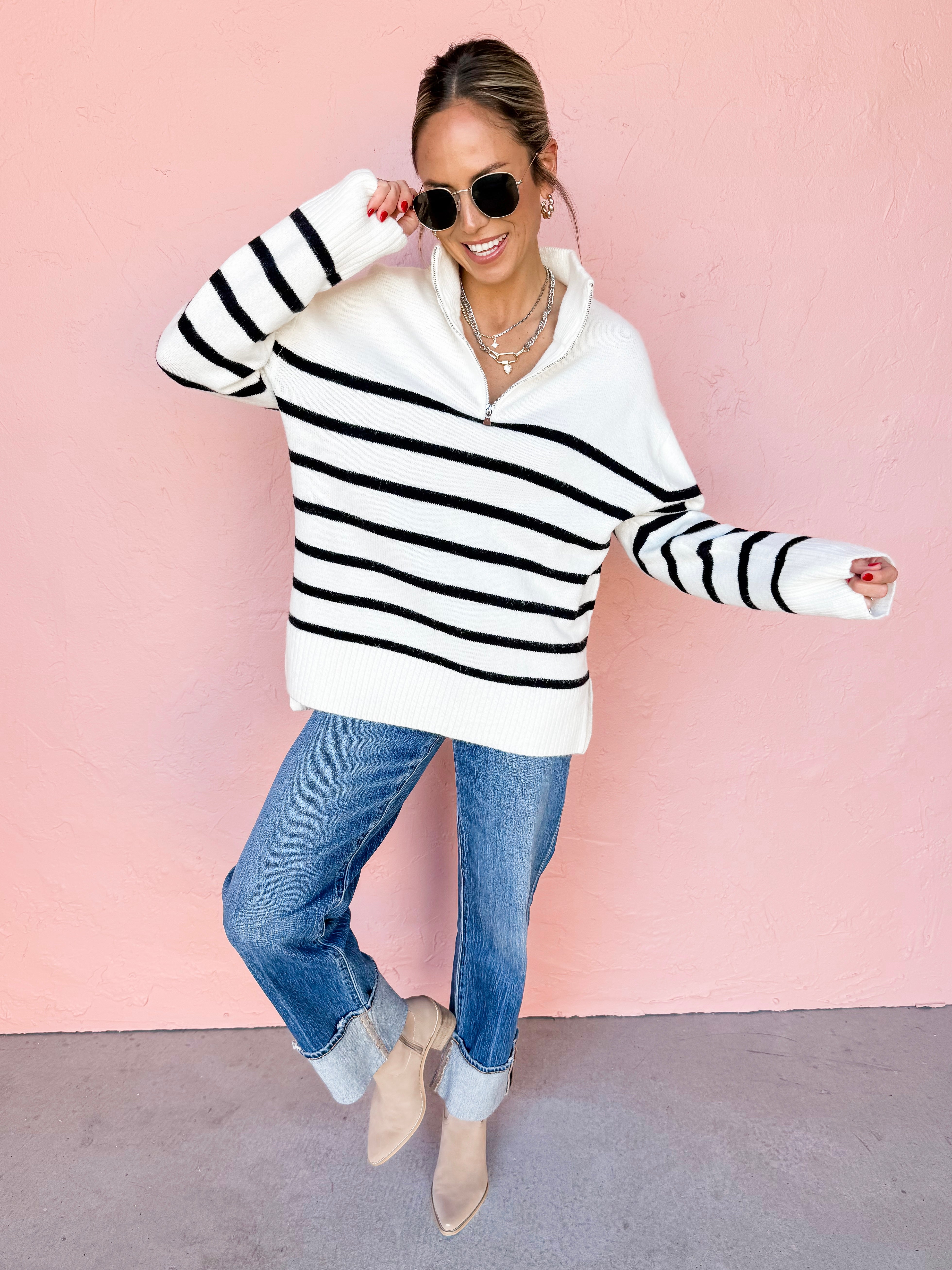 Stripe Up A Conversation Quarter Zip Sweater