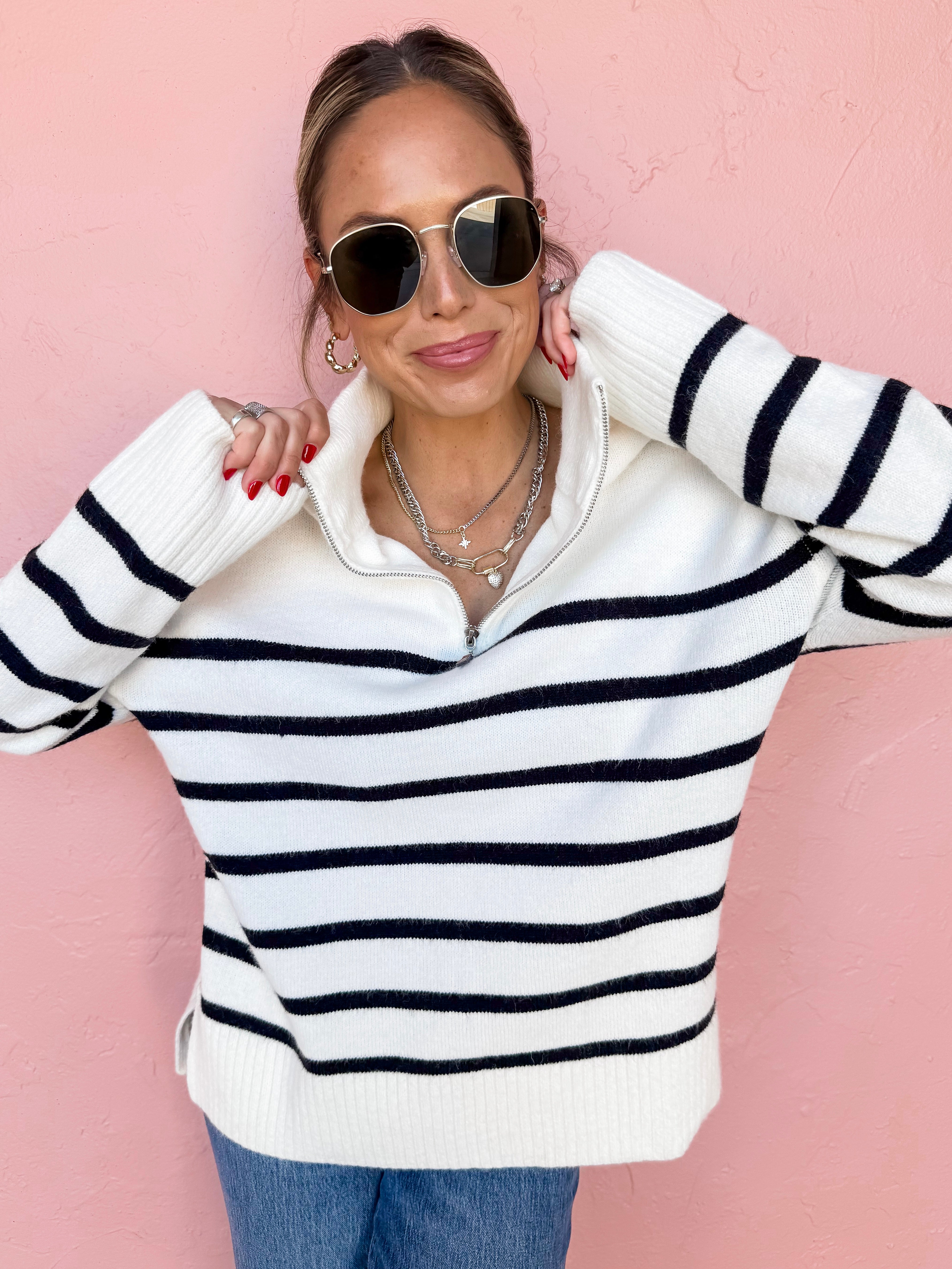 Stripe Up A Conversation Quarter Zip Sweater