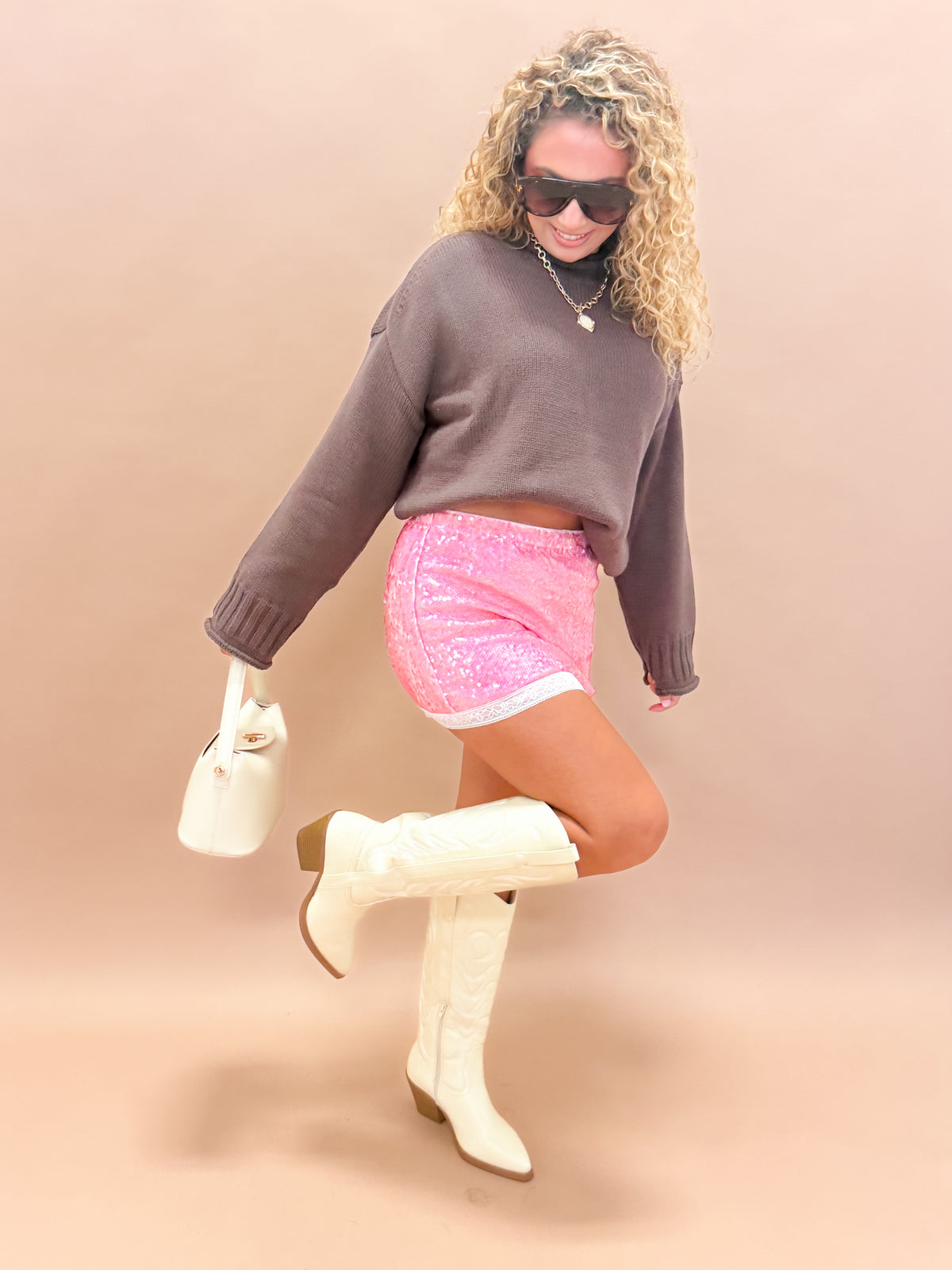Sullivan Sequin Lace Trim Mini Skirt-Pink