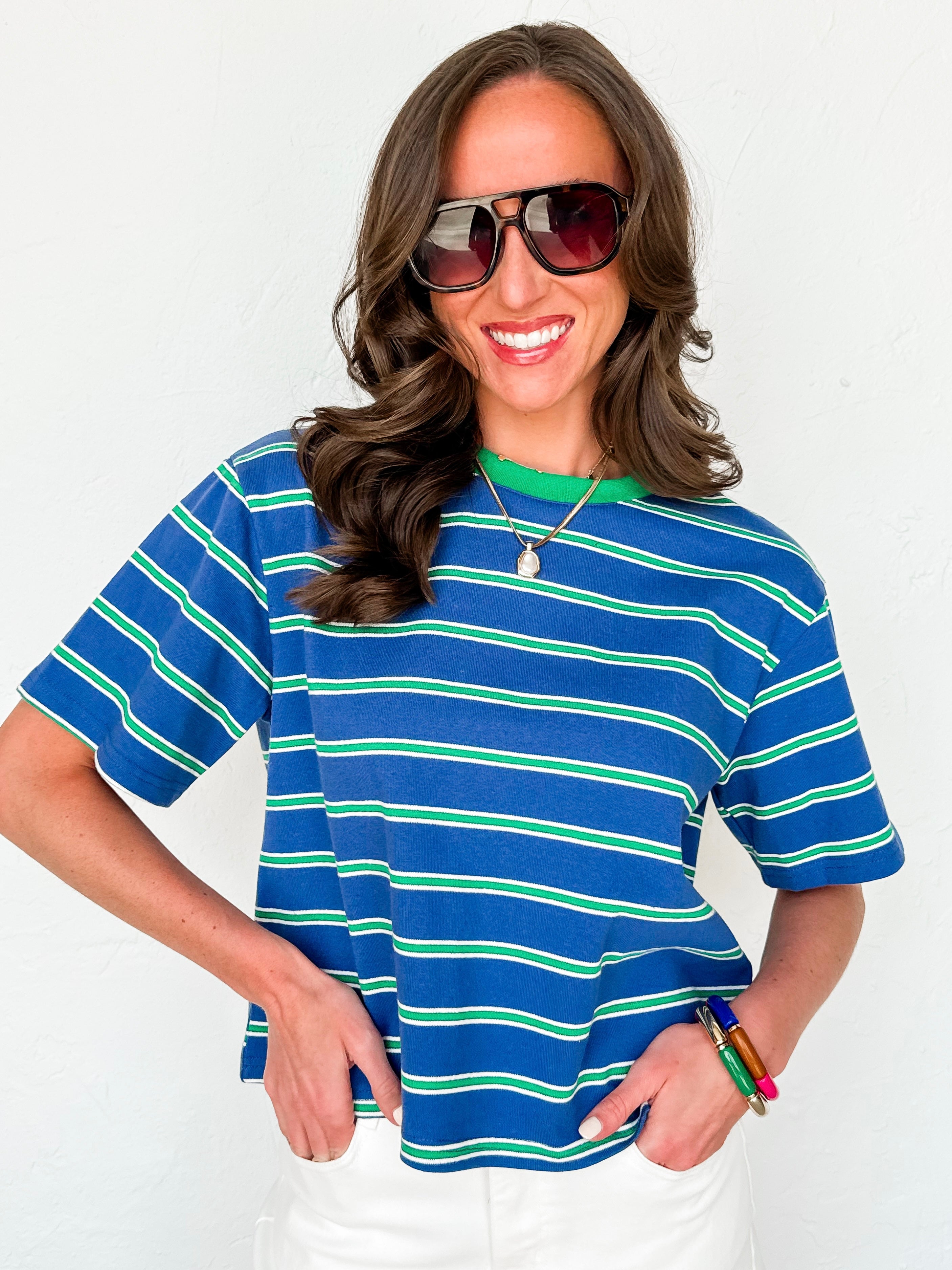 Summer Striped Boxy Cropped Tee-Blue