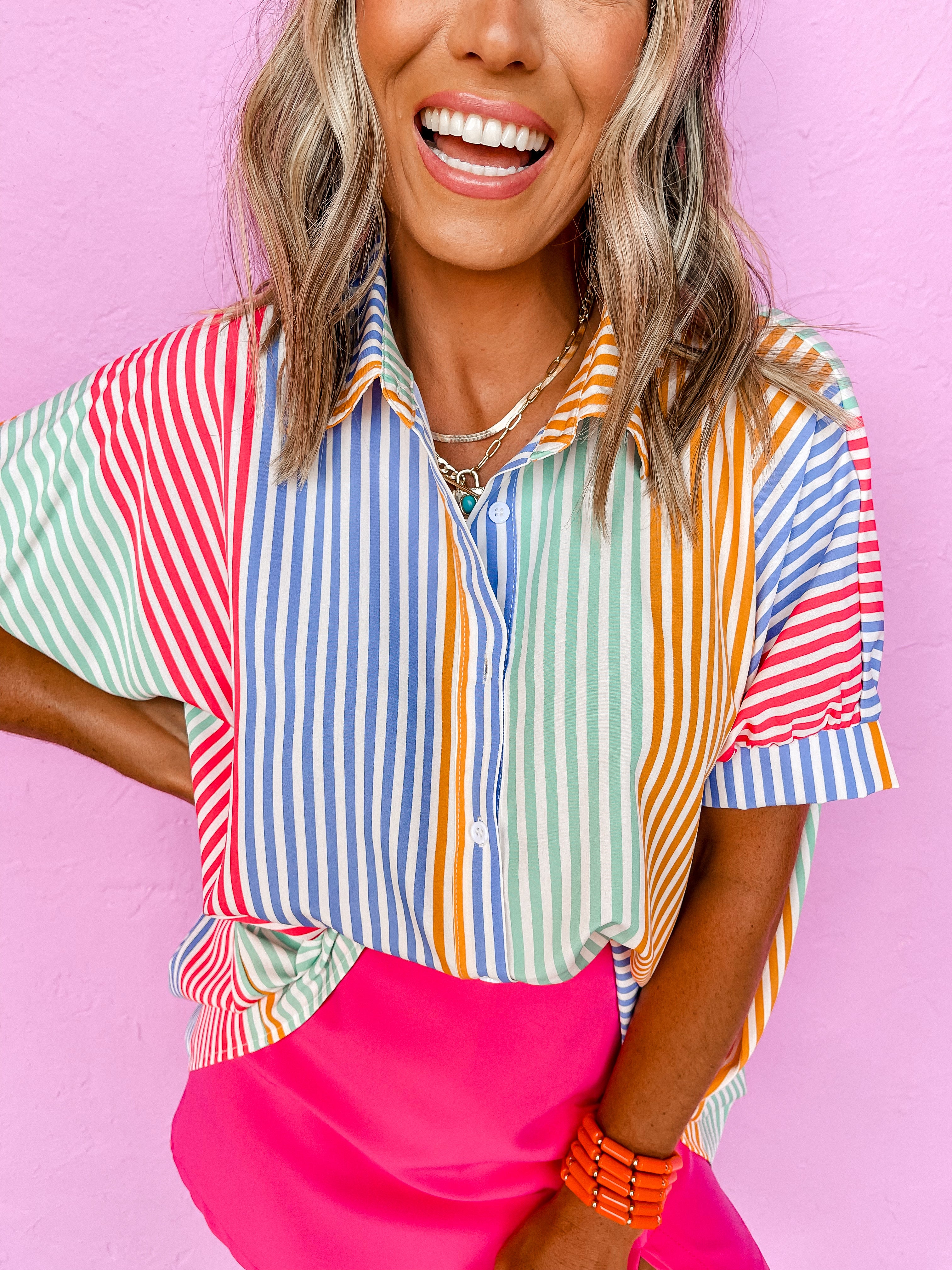 Sunday Fun Day Striped Button Front Top