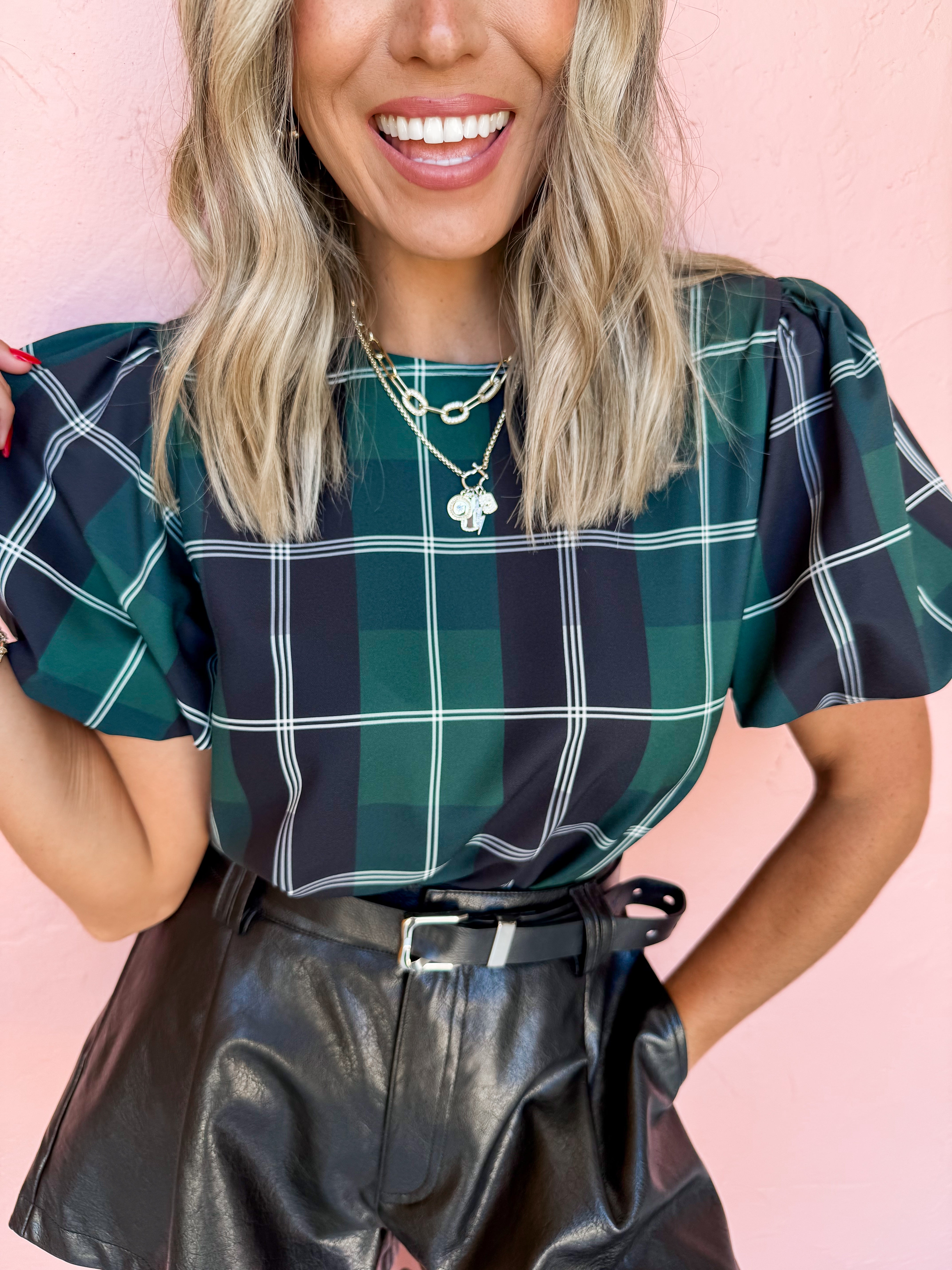 Sweet Beyond Plaid Puff Sleeve Top