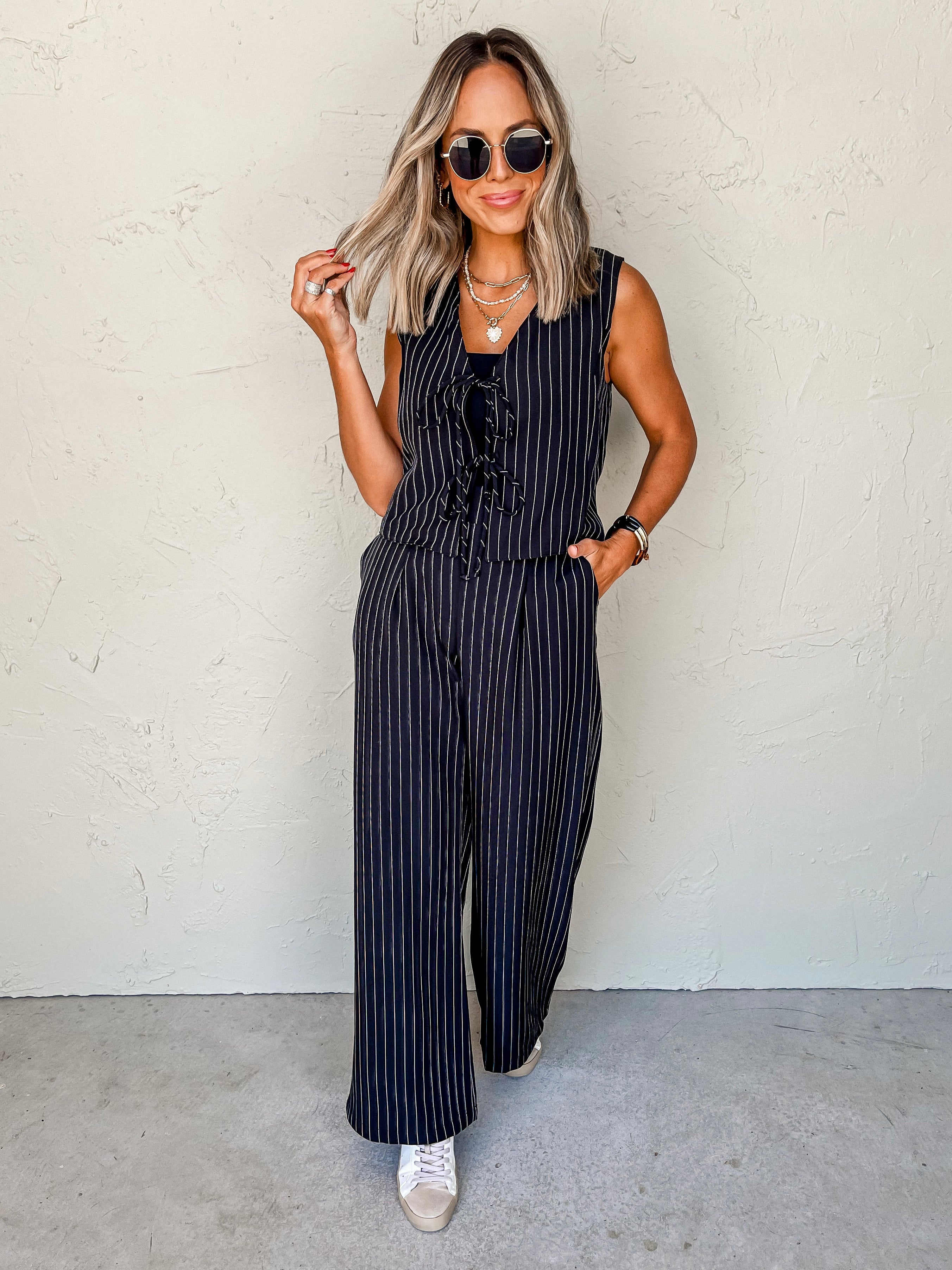 Take A Moment Pin Stripe Front Tie Vest