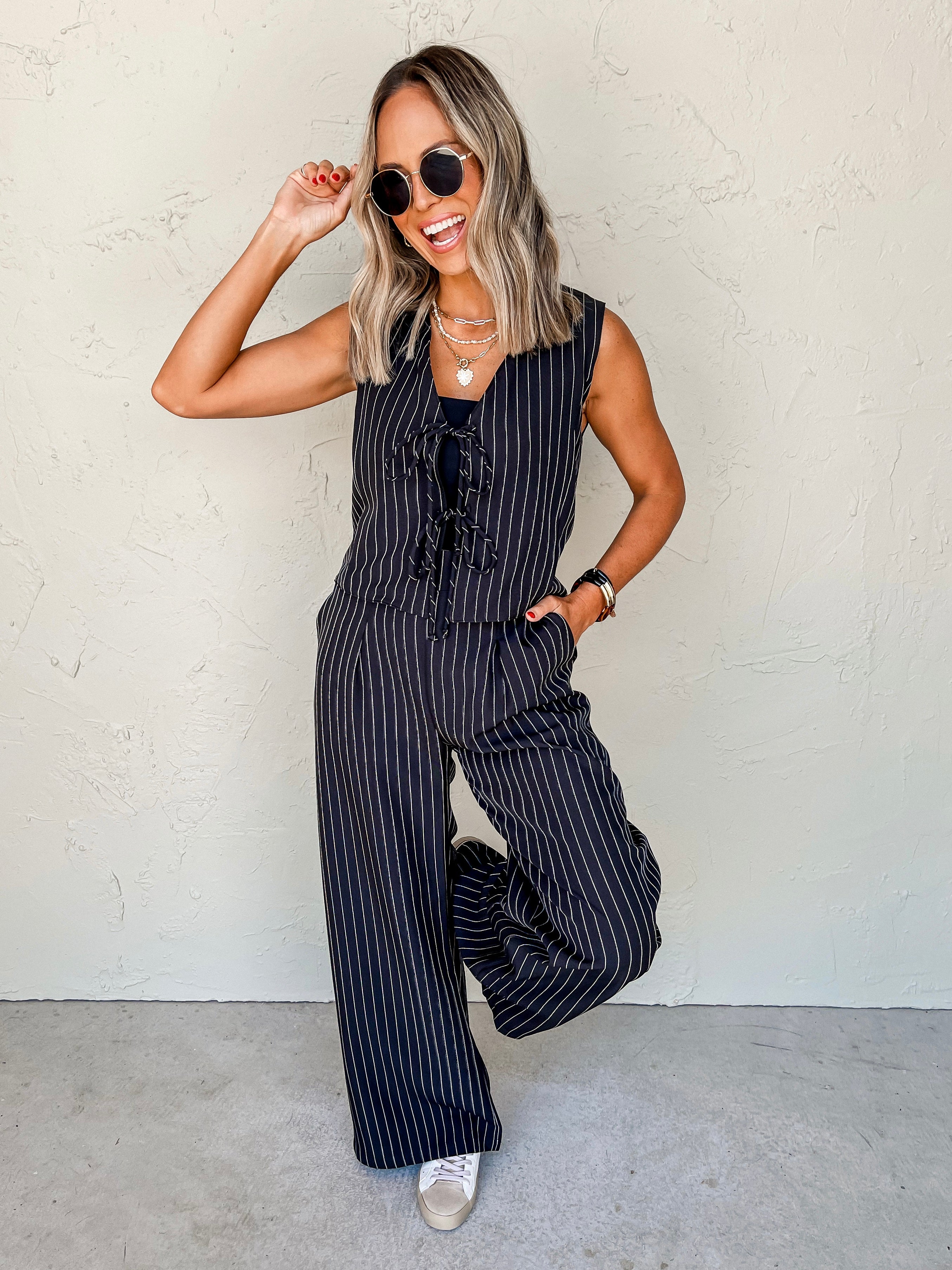 Take A Moment Pin Stripe Front Tie Vest