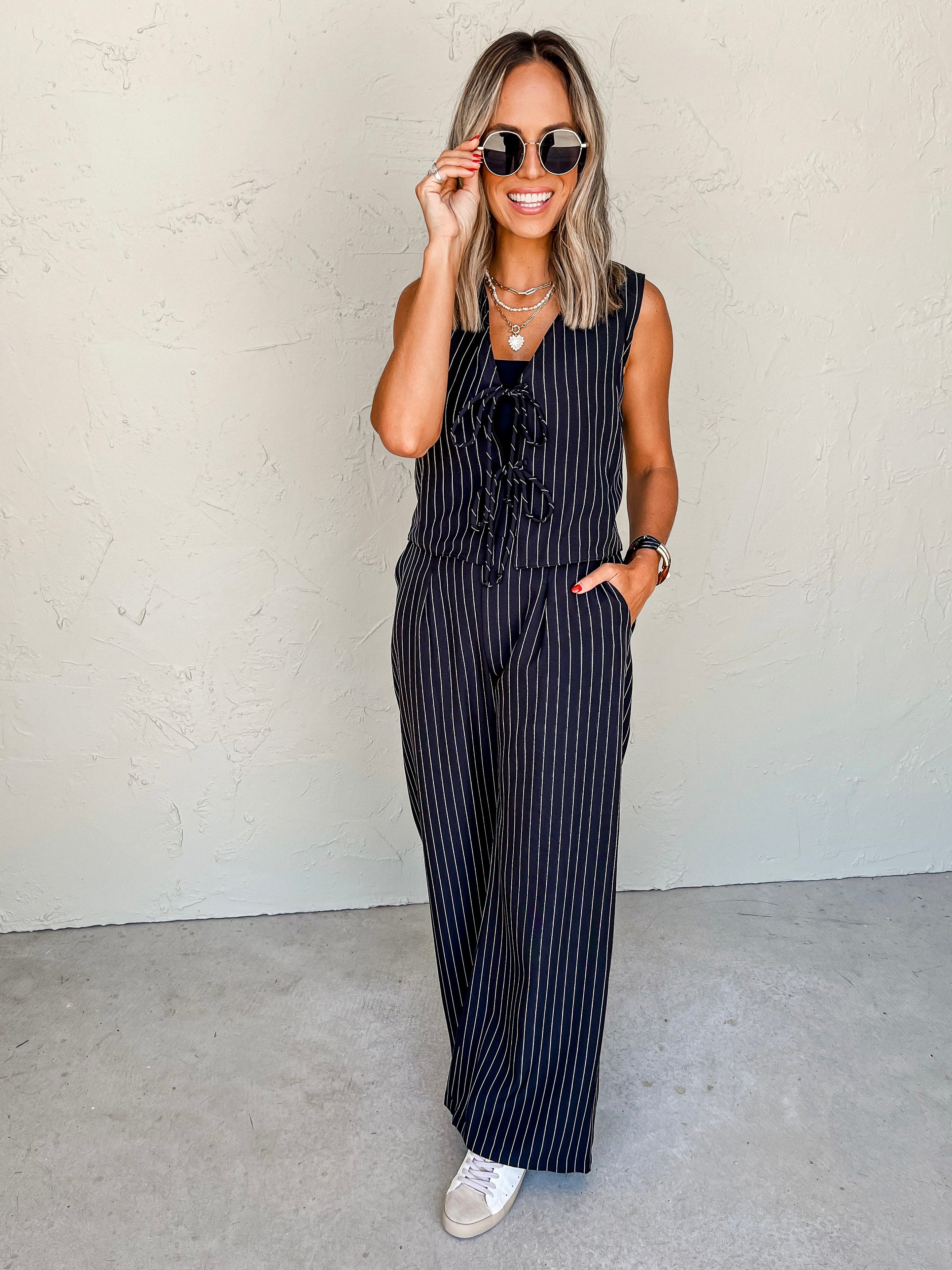 Take A Moment Pin Stripe Front Tie Vest