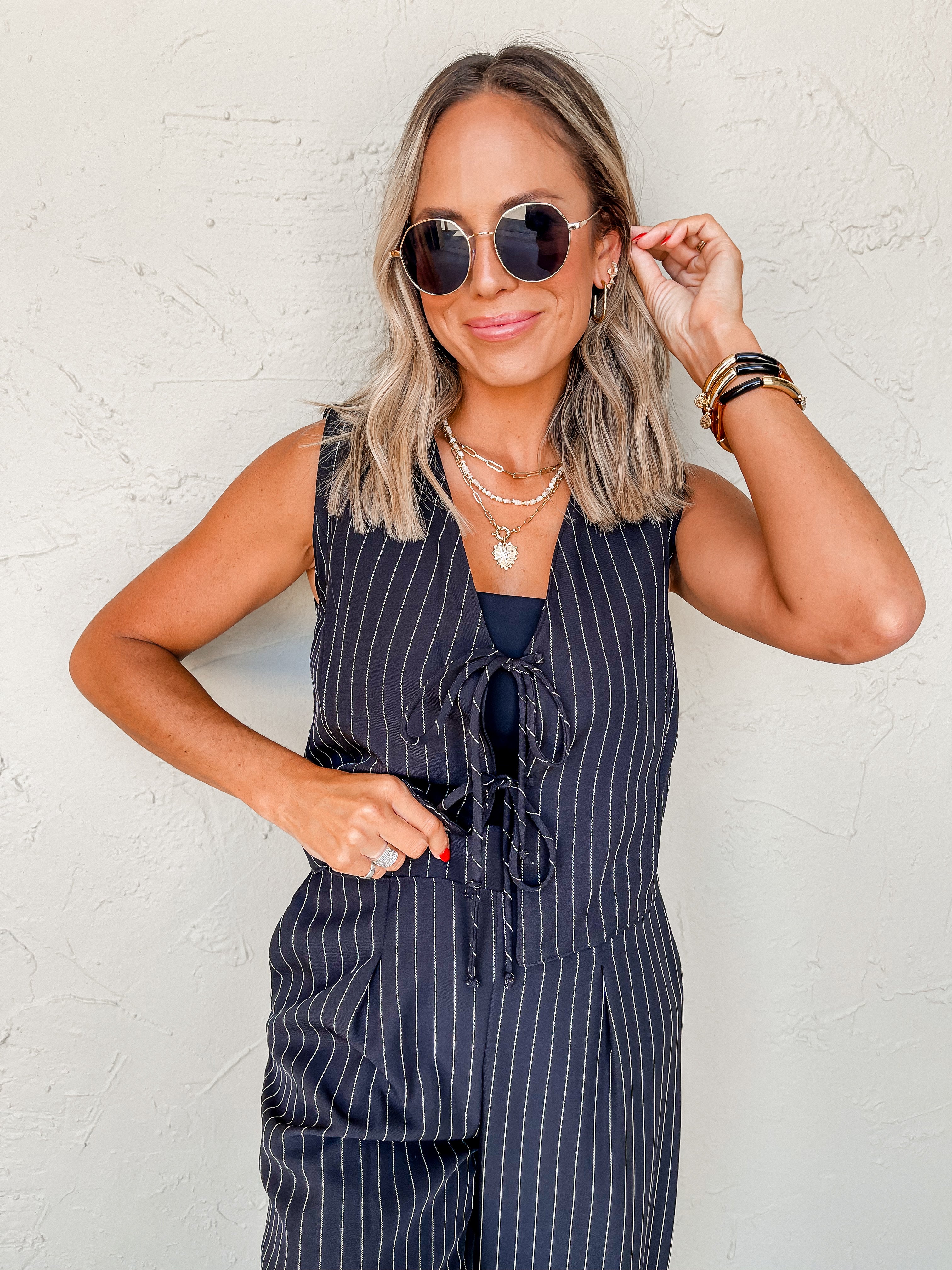 Take A Moment Pin Stripe Front Tie Vest