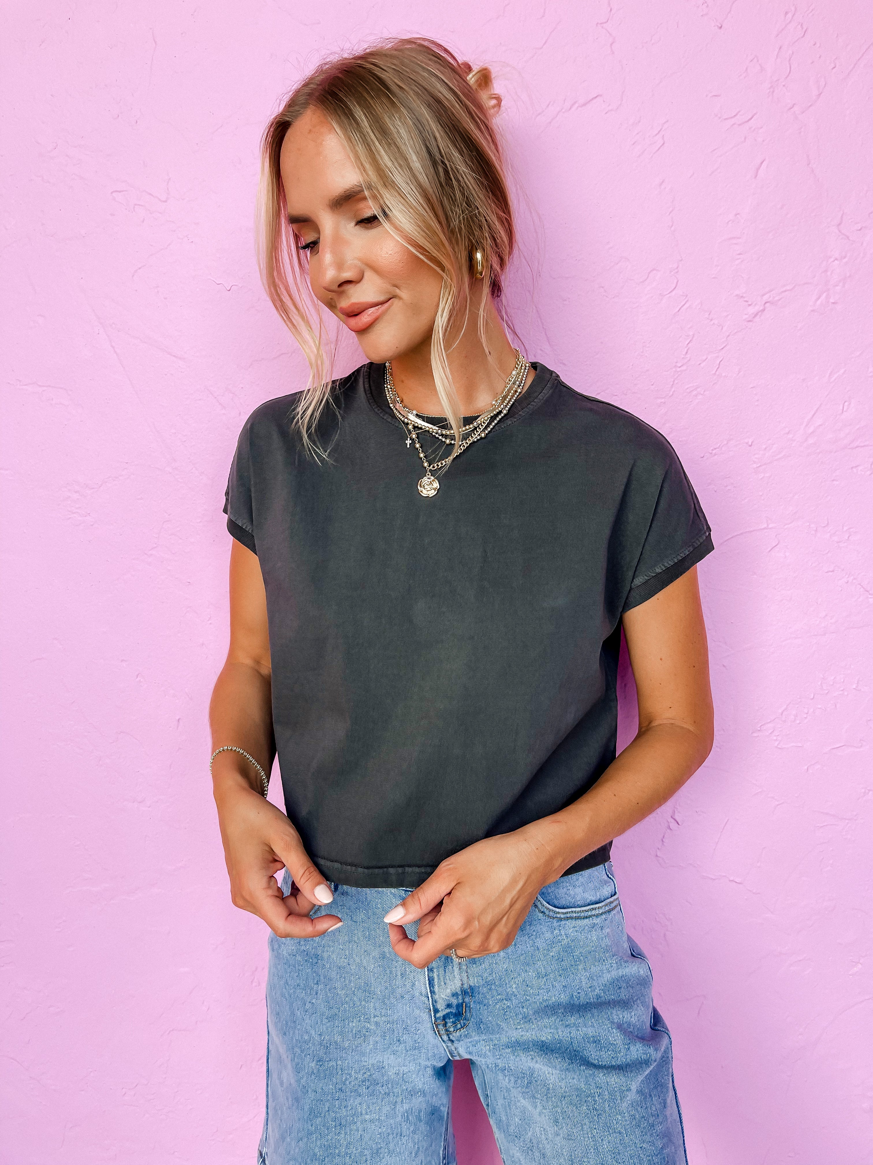 Take It Easy Short Sleeve Top-Charcoal