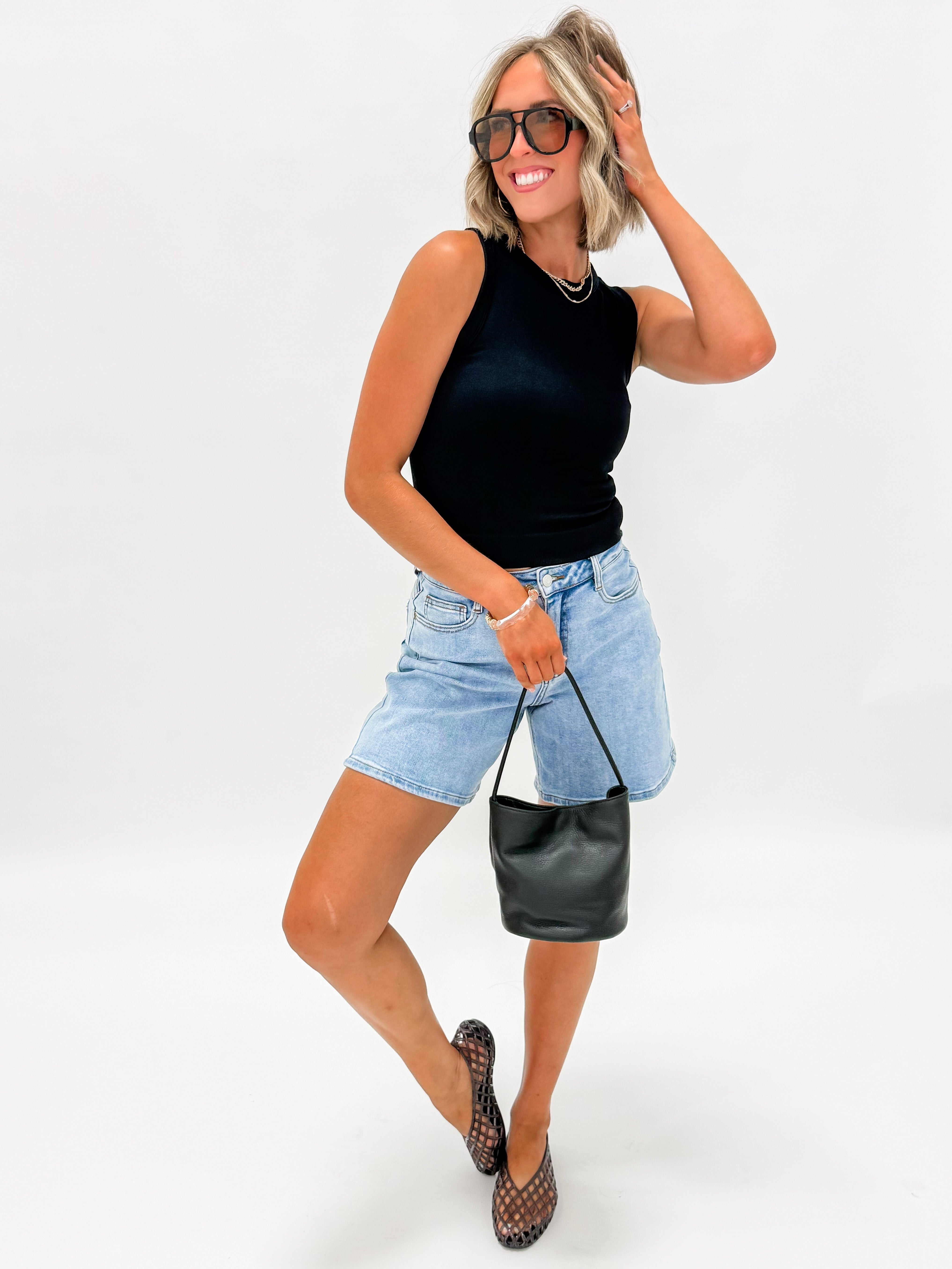 Tami Solid Ribbed Tank Top-Black